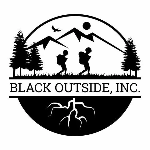 Logo of Black outside - in black and white with children in nature with a drawn mountain behind it