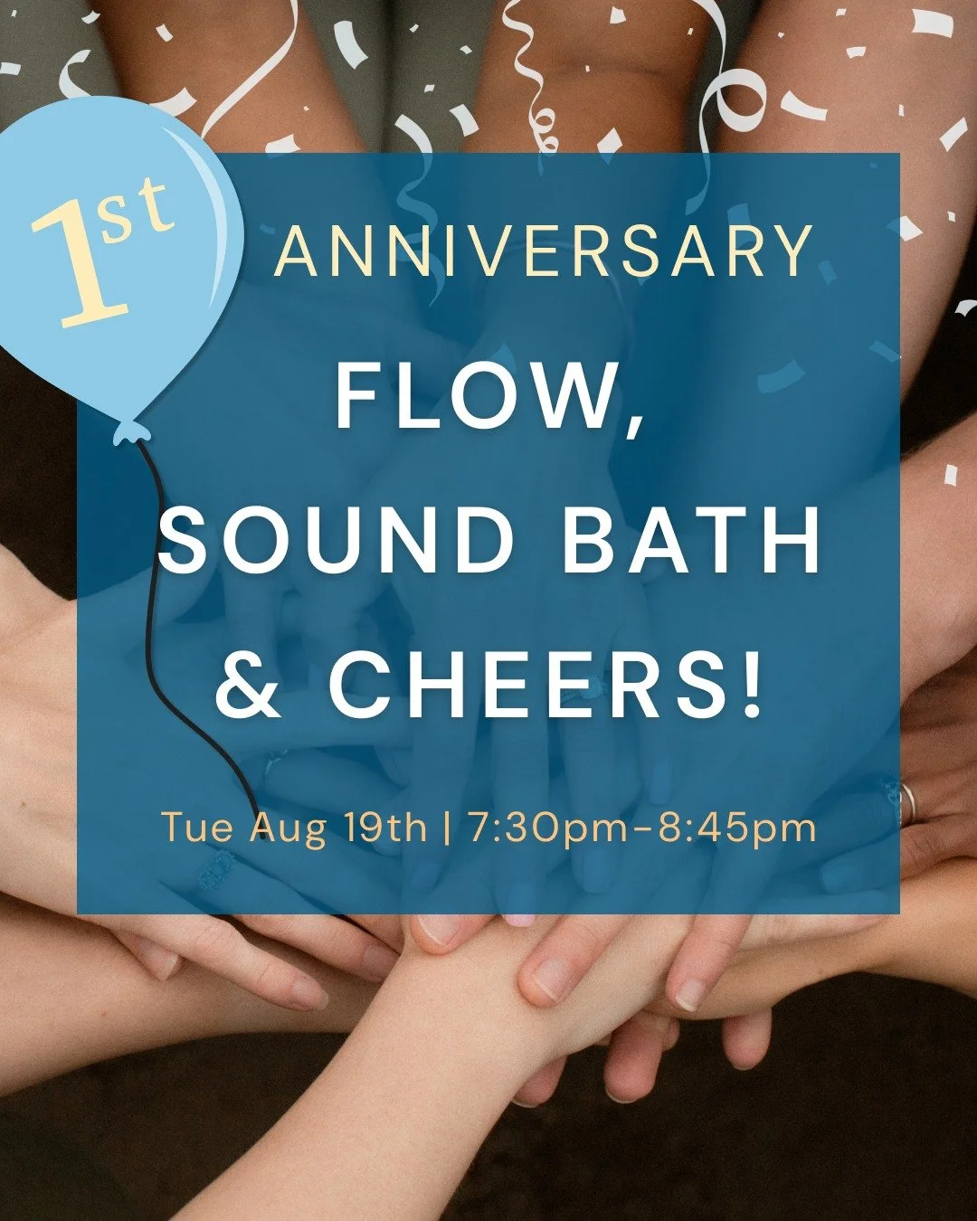 ✨ We&rsquo;re turning ONE! ✨

Join us for a 75-minute Flow + Sound Bath on Tuesday, August 19th from 7:30&ndash;8:45pm to celebrate!

This special class will include:
🧘&zwj;♀️ Flow to breathe and energize
🔔 Sound bath to settle and restore
🥂 A che