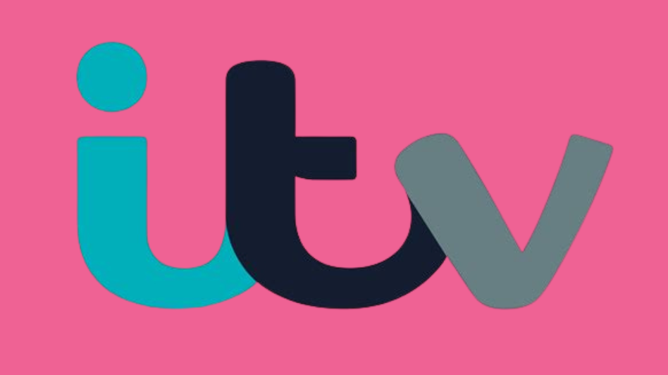 The logo for ITV with lowercase letters 'i', 't', and 'v' in teal, black, and gray on a pink background.