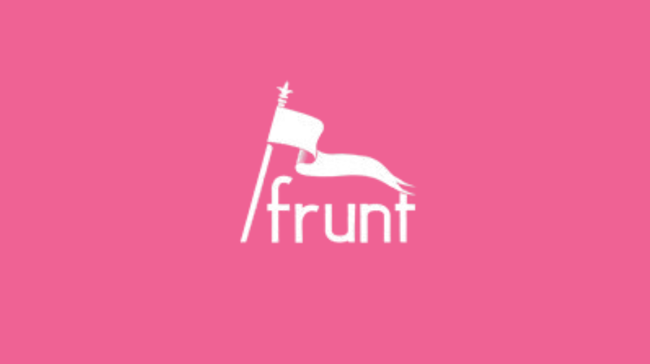 A pink background with a white flag and a stylized human arm, along with the text '/frunt'.