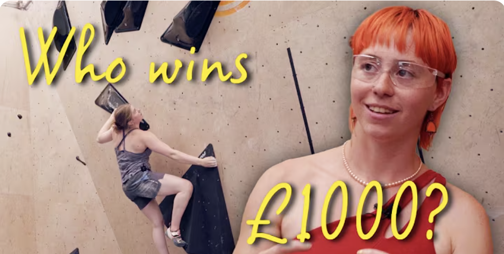 Woman with orange hair and glasses smiling, with a rock climbing wall in the background and a young girl climbing on it, with yellow text reading 'Who wins £1000?'