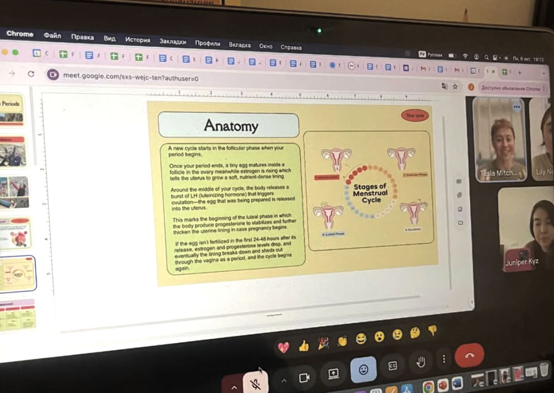 A computer screen displaying an online presentation on the topic of female reproductive anatomy, including stages of the menstrual cycle. The screen shows a slide with text and diagrams, and there are three participants' video thumbnails on the right side during a virtual meeting.
