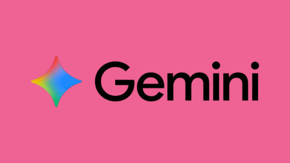 Pink background with a colorful, gradient star icon and the word 'Gemini' in black text.