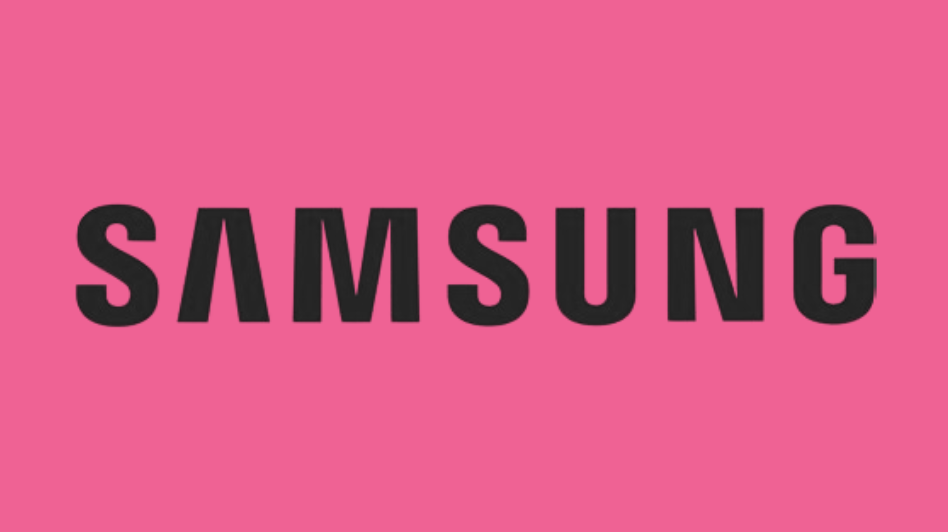 Pink background with the Samsung logo in black.