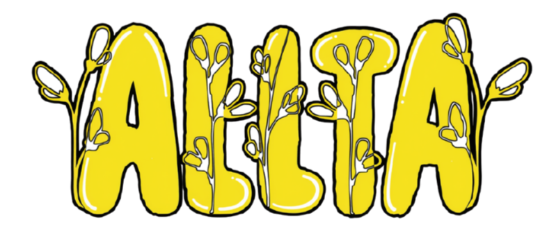 The word 'ALFIA' written in yellow block letters with black outlines, decorated with small leaves and vines on a black background.
