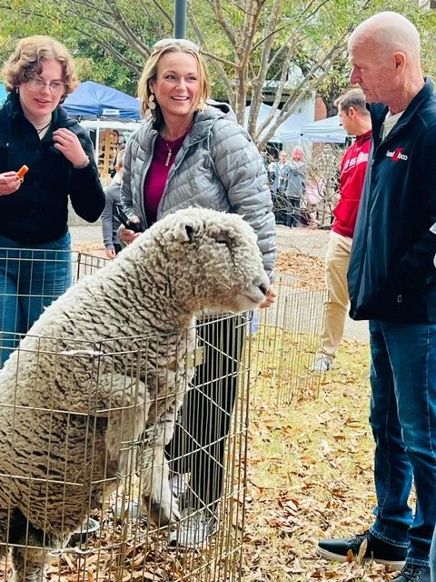 People talking outdoors at a fair or petting zoo with a large sheep inside a small fenced area.