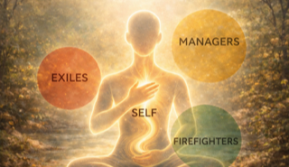 Silhouette of a person in meditation with four colorful circles labeled EXILES, MANAGERS, FIREFIGHTERS, and SELF in a nature setting.