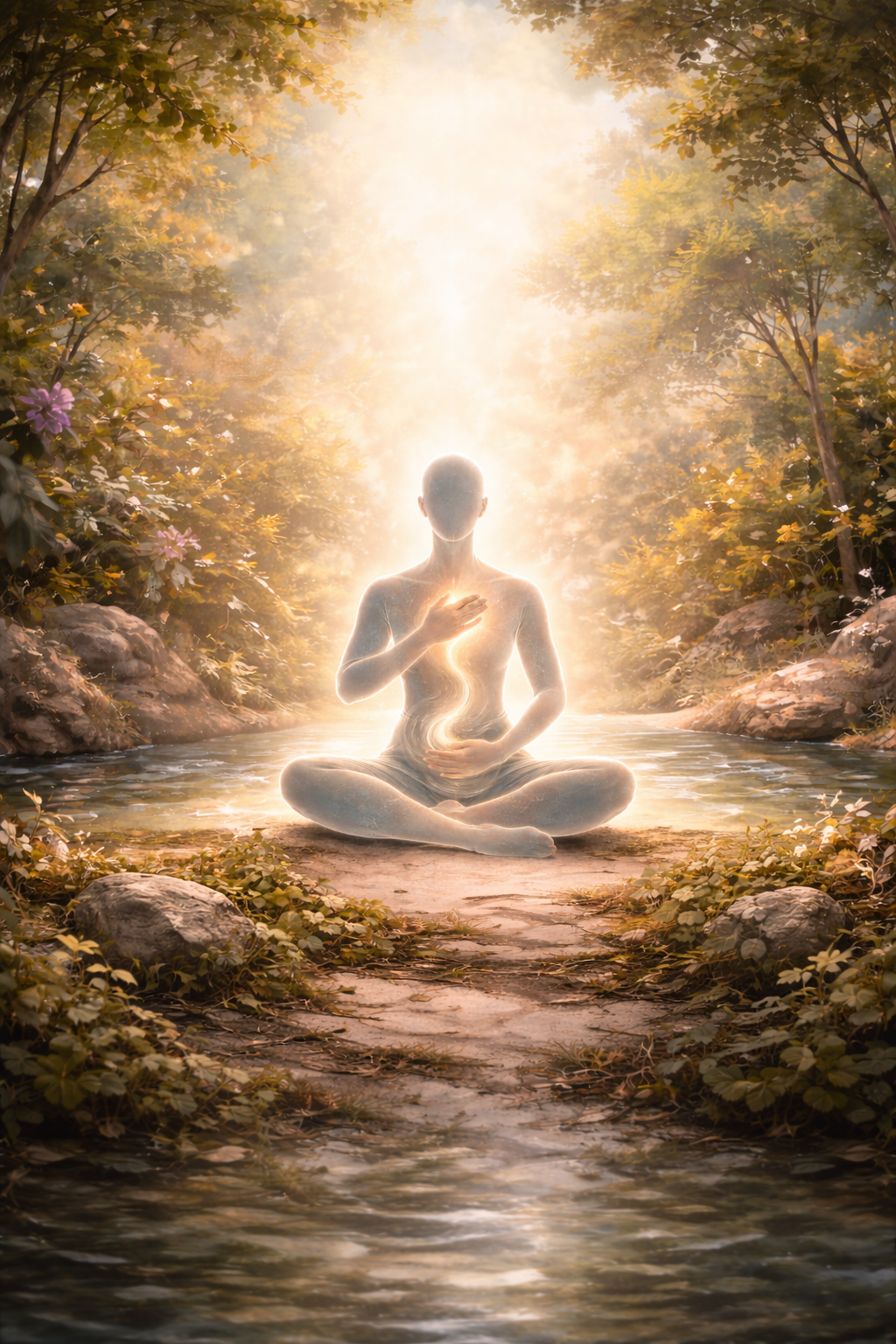 A glowing, ethereal humanoid figure meditating in a serene forest near a body of water, surrounded by lush greenery and illuminated by a radiant light.