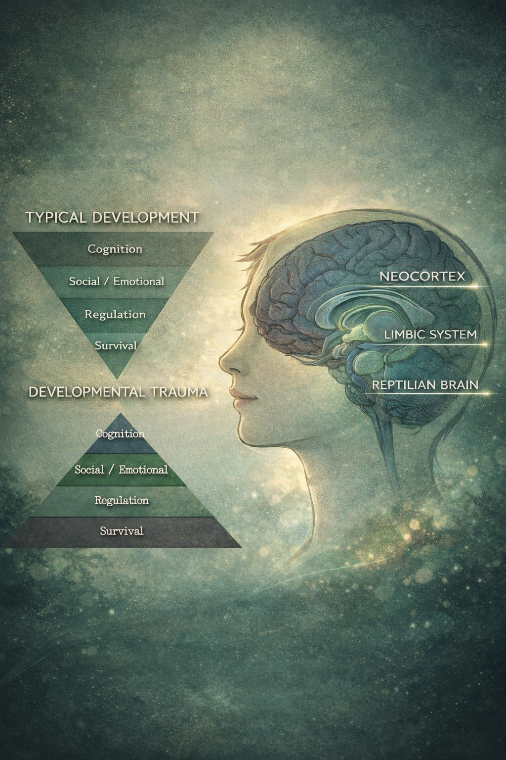 Illustration showing the typical development stages of the human brain with labels for Neocortex, Limbic System, and Reptilian Brain. It also depicts the stages of development from survival to cognition, social/emotional, regulation, and developmental trauma.