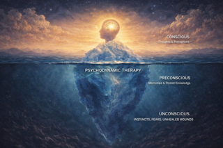 A conceptual illustration of the human mind divided into consciousness, preconscious, unconscious, and psychodynamic therapy levels, with an iceberg symbolizing the subconscious.