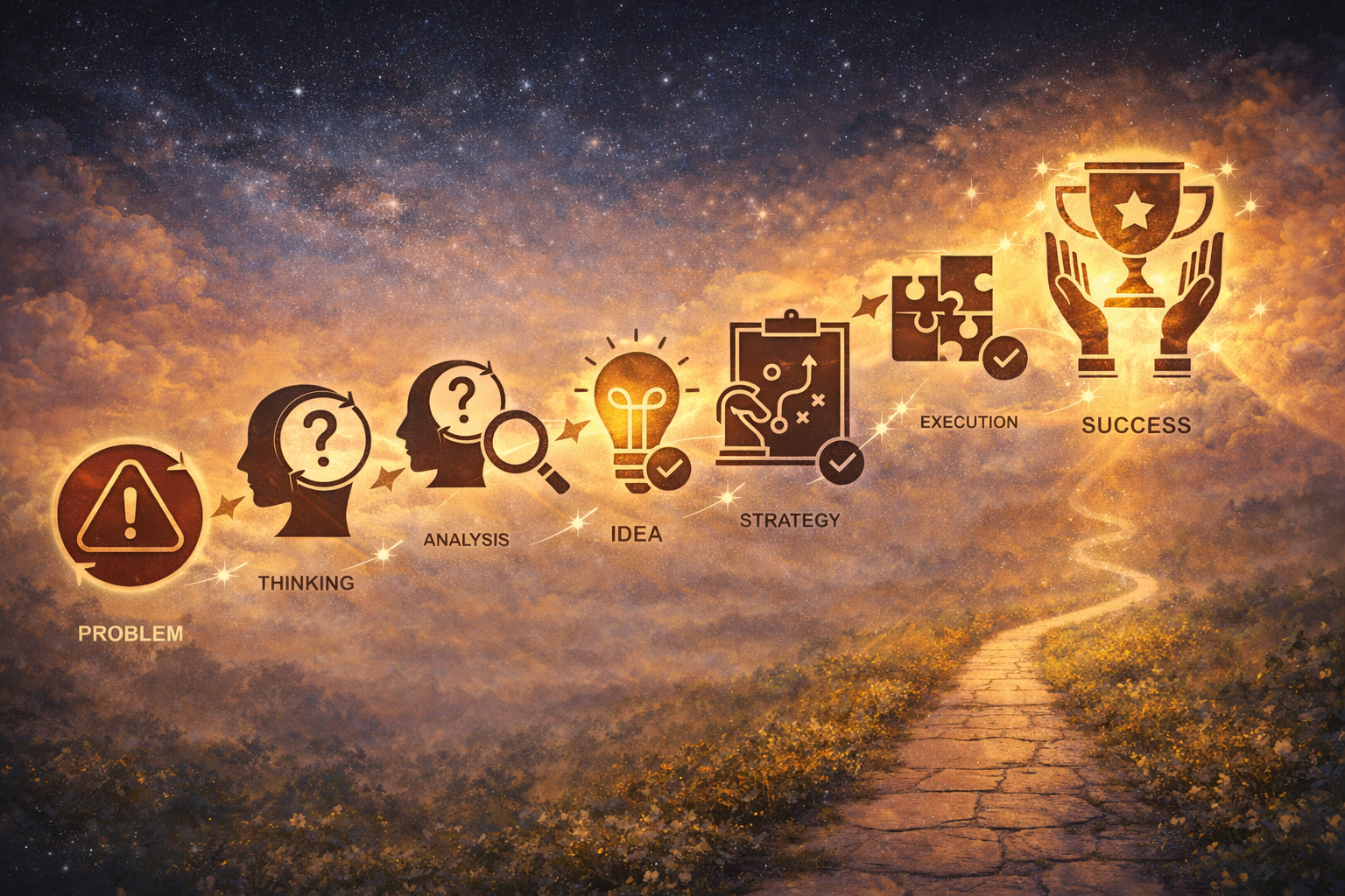Illustration of a process flow from problem to success with icons representing thinking, analysis, idea, strategy, execution, ending in a trophy symbolizing success.
