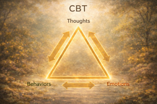 A diagram of a triangle illustrating CBT components: thoughts at the top, emotions at the bottom right, and behaviors at the bottom left, with arrows showing their interconnection, set against an autumn forest background.