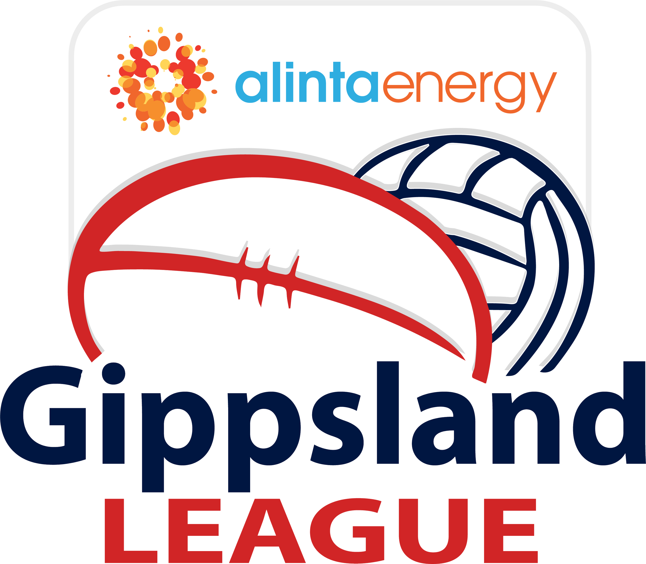 Logo for Gippsland League, featuring a colo explosion design in orange, yellow, and red next to the stylized company name with ‘Alinta’ in blue and ‘energy’ in orange, and a partial graphic of a football and a netball in red, white, and navy blue.