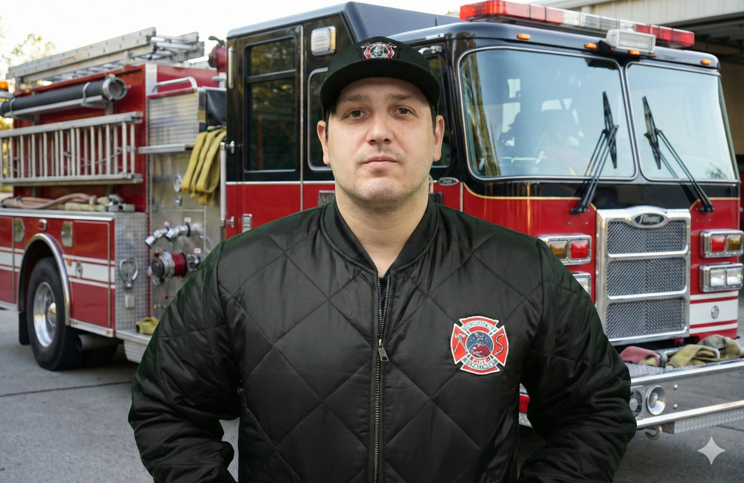 Male firefighter standing in front of a red fire truck wearing a black quilted firefighter jacket and cap with firefighter badge.