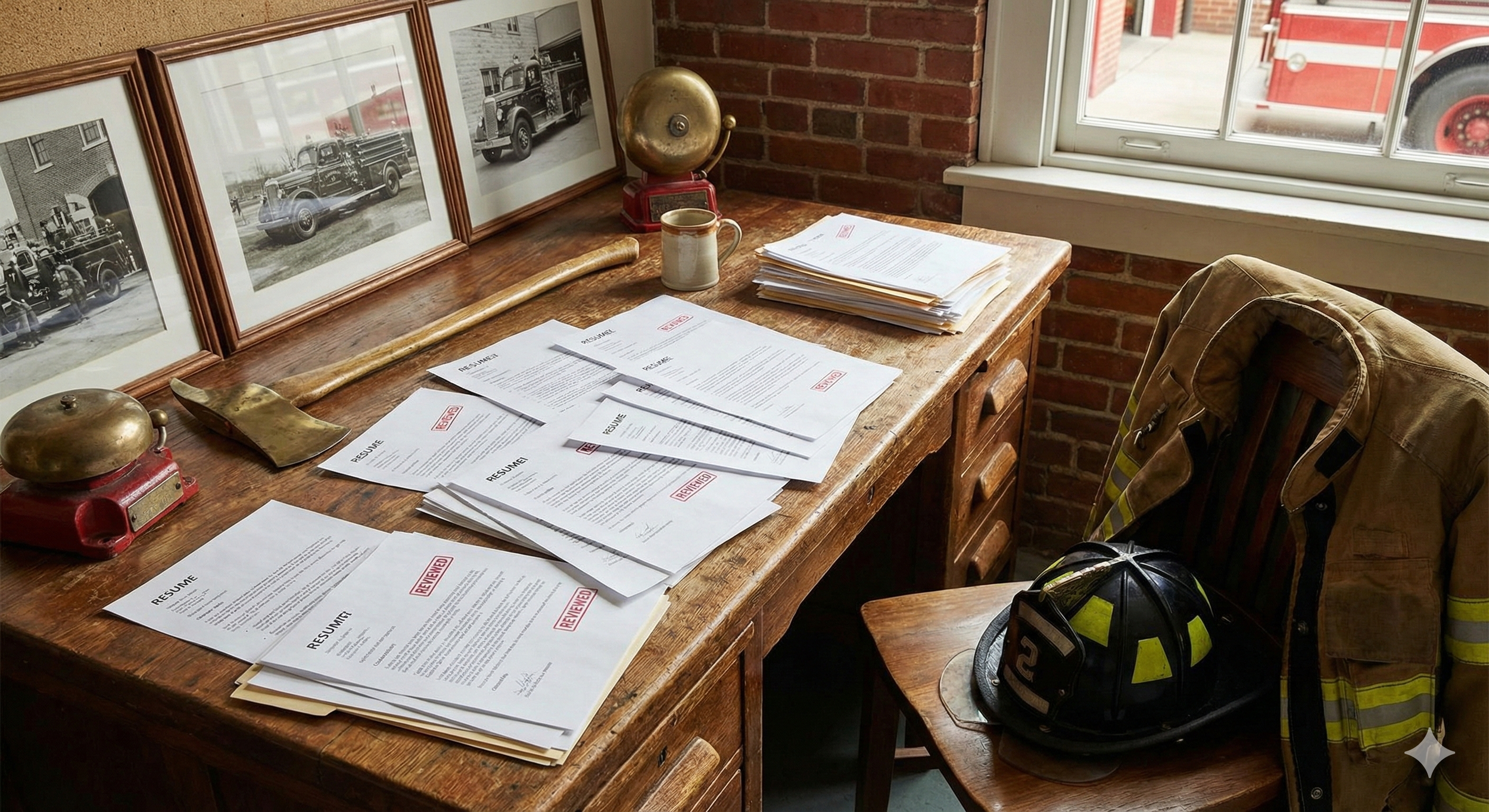 Firefighter equipment and documents on a wooden desk in a brick-walled room, with black-and-white framed photos of vintage fire trucks on the wall, a firefighter's helmet and jacket on a chair, and a window showing part of a fire truck outside.