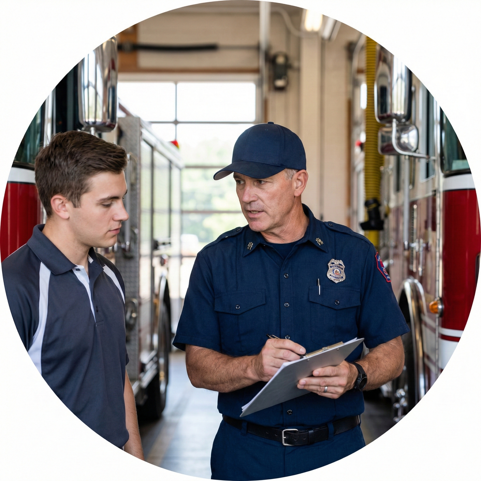 A young man talking with an older firefighter inside a fire station, with fire trucks in the background.