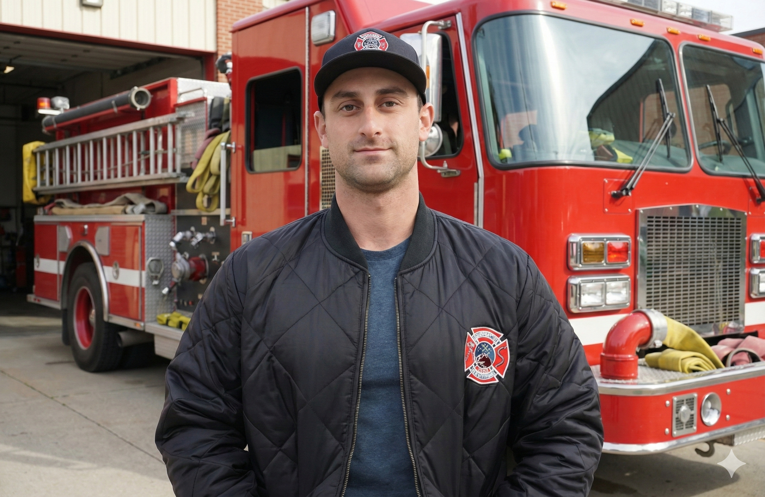 A firefighter standing in front of a red fire truck with firefighting equipment at a fire station.