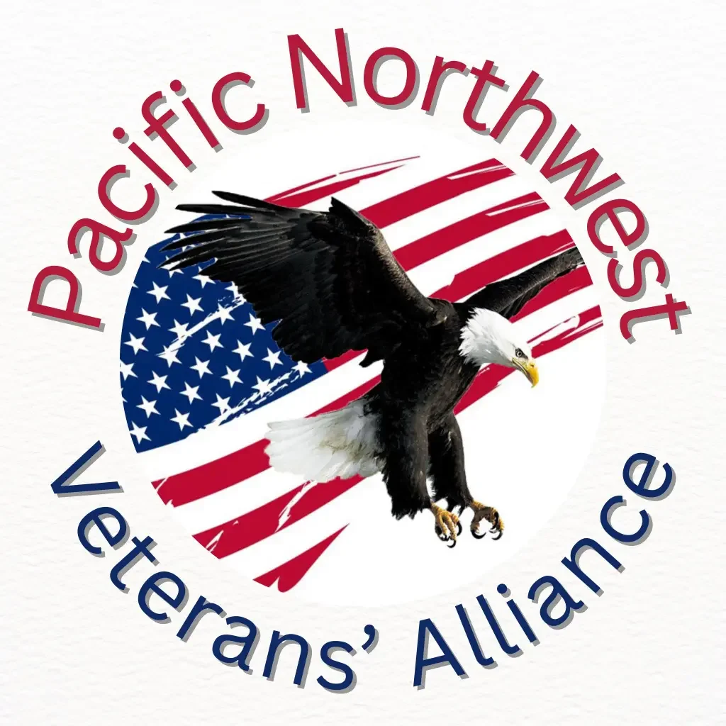 Logo for Pacific Northwest Veterans' Alliance featuring an American flag background, a flying bald eagle, and the organization's name in red and blue text.