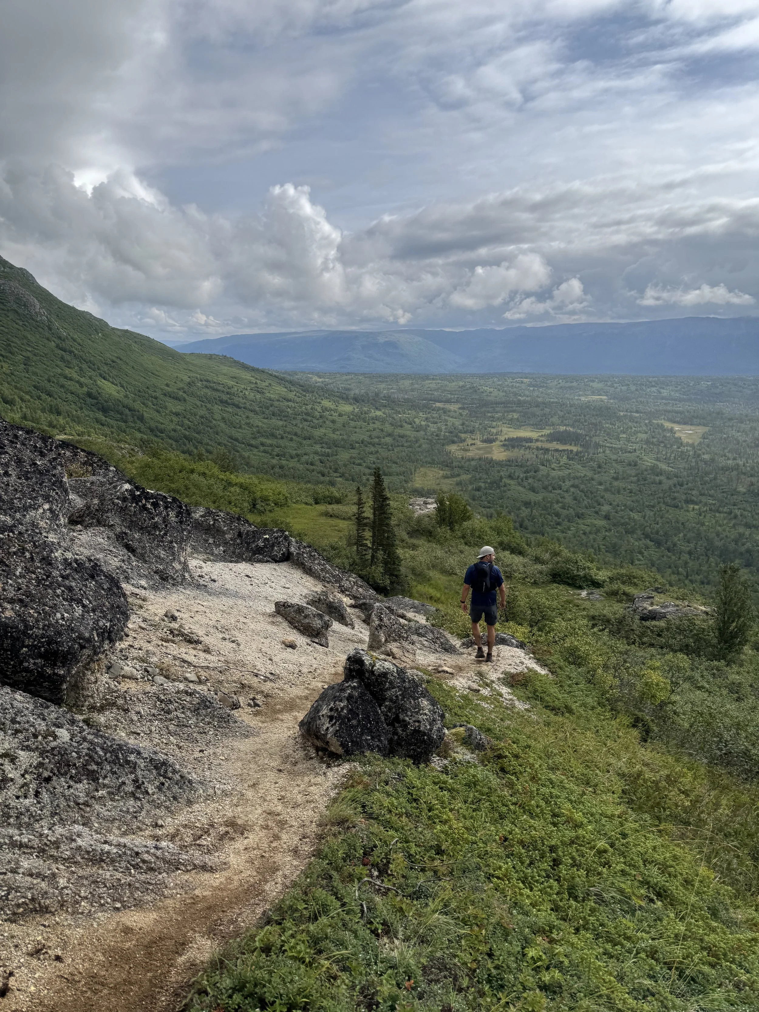 Person hiking on a trail in a mountain landscape with green vegetation, distant mountains, and partly cloudy sky.