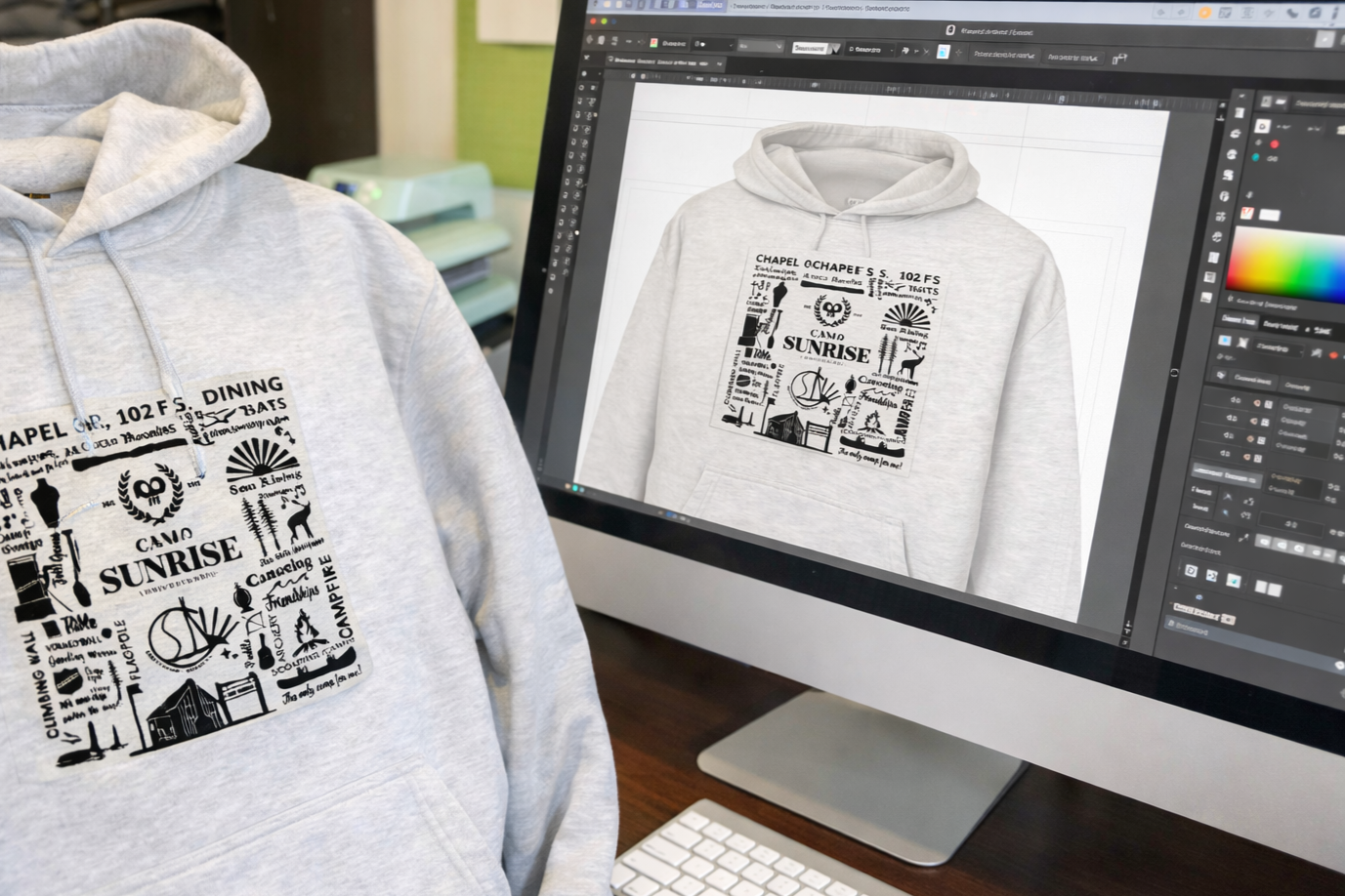 A white hoodie with a black graphic design and text is displayed next to a computer monitor showing the same design in a graphic design software.