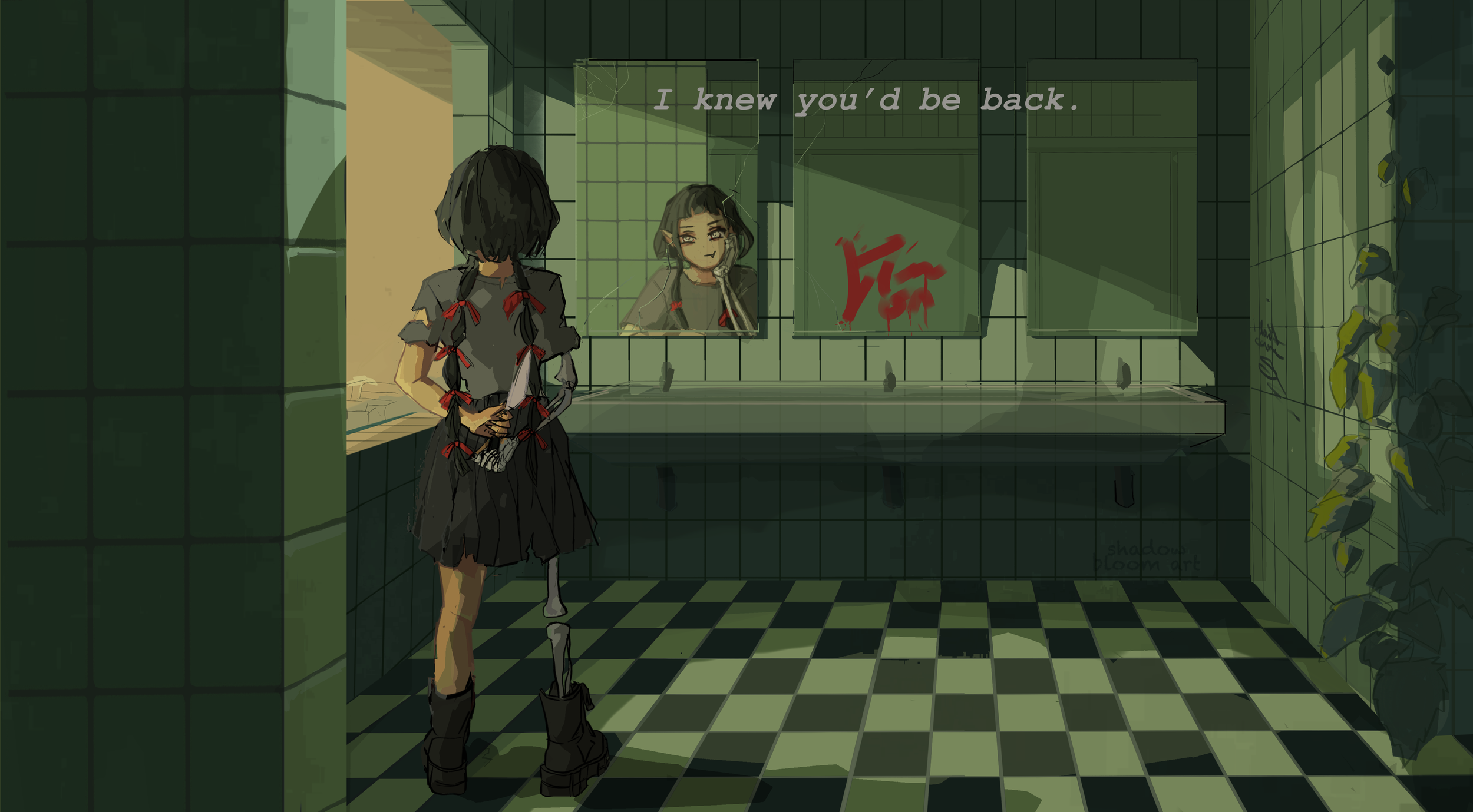 a green school bathroom with a half-sceletton girl looking into the mirror, and her reflection is separate from her and smiles at her. Text on the image says "I knew you'd be back"