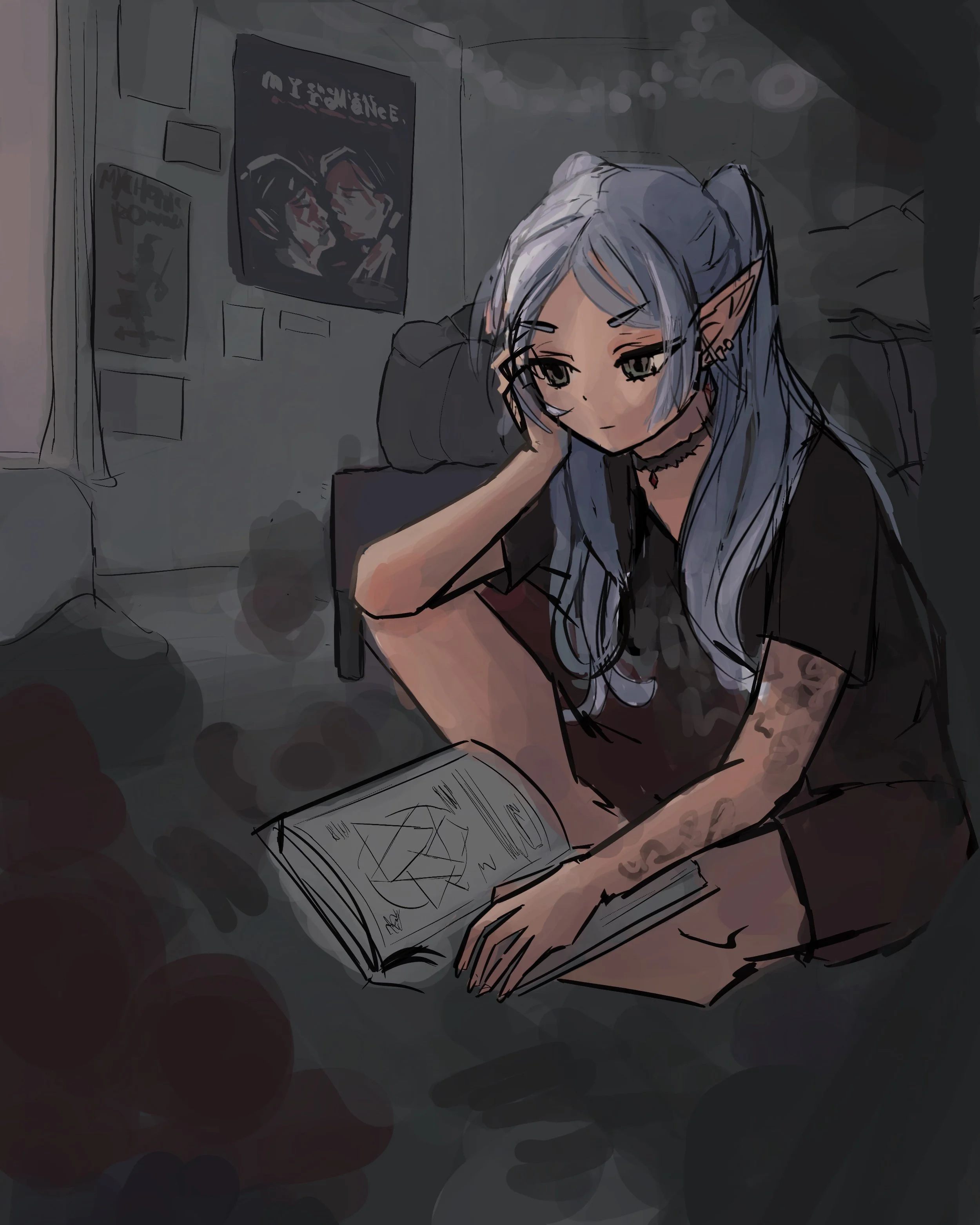 process of the Frieren fanart piece, showing her reading a book in a room with my chemical romance posters