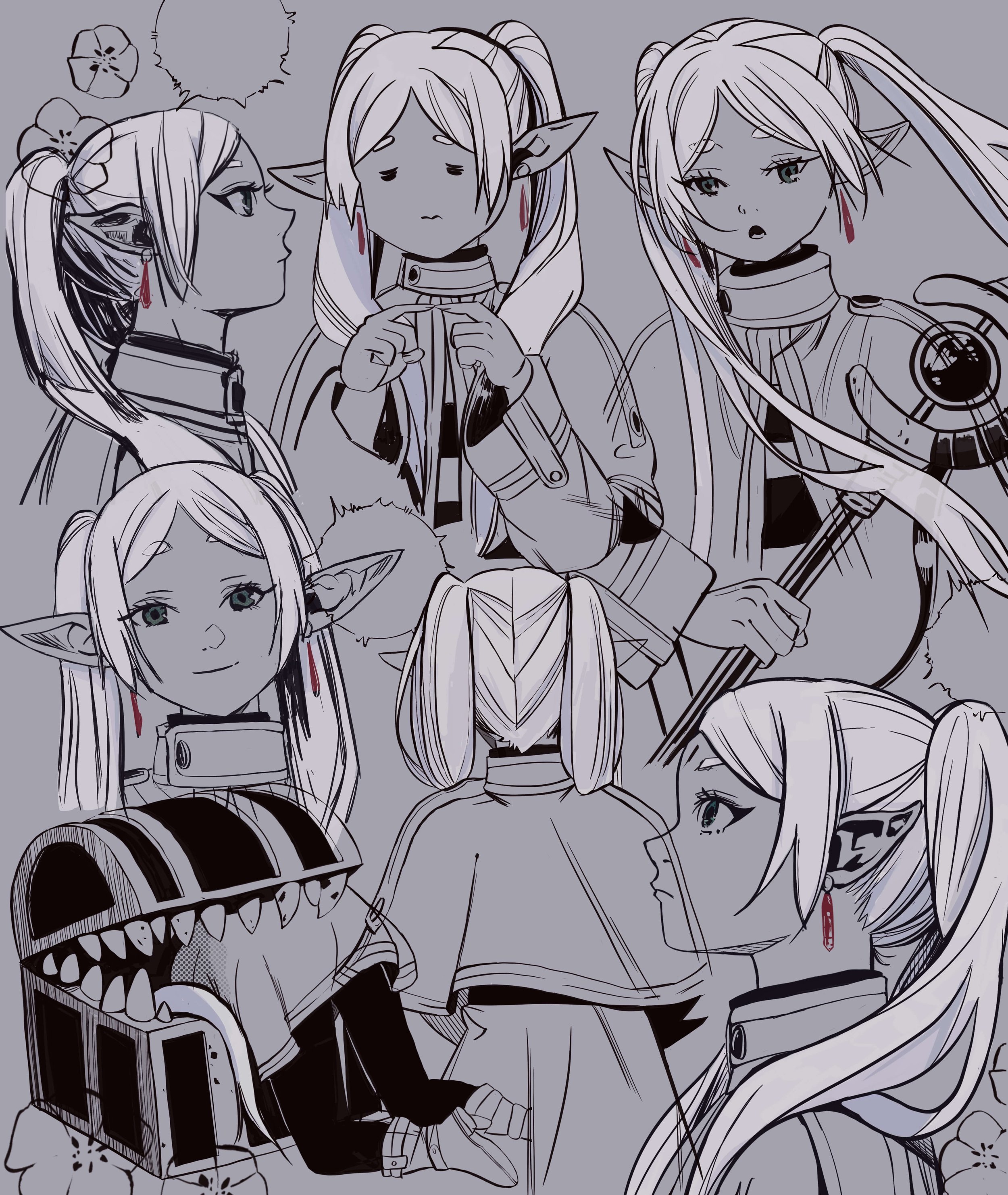 a sketchbook page of the Frieren manga which shows the character Frieren in different poses and expressions