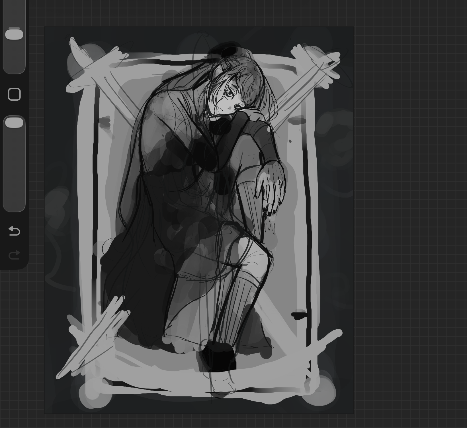 Sketch of an illustration of a woman in a dress lealing her head on her knee, in front of a three of swords tarot card.