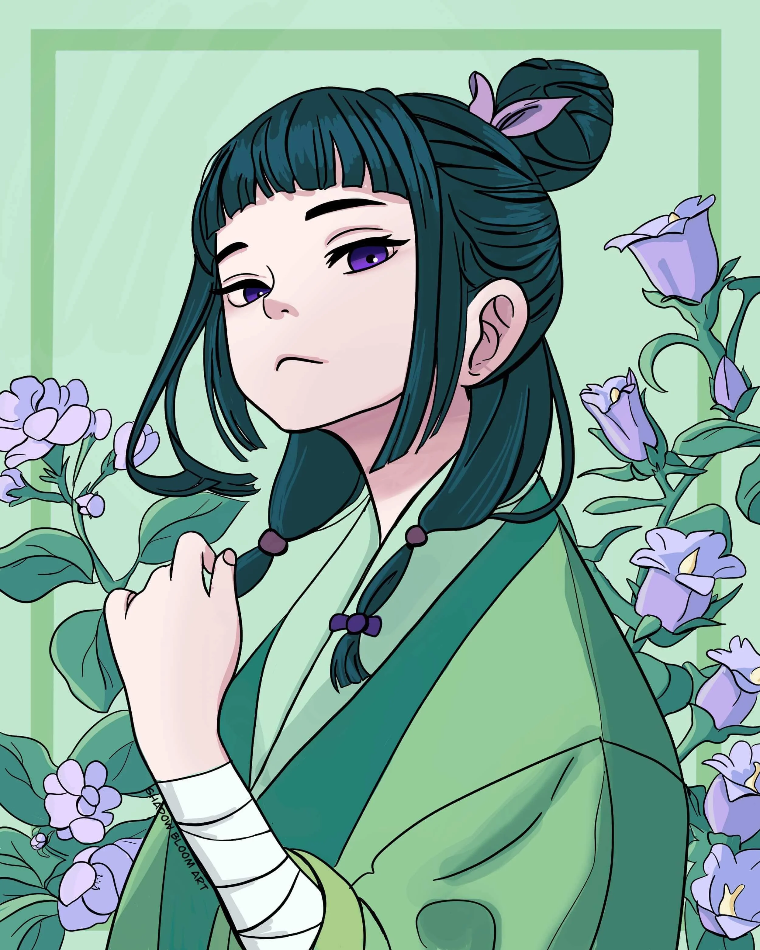 A digital illustration of a girl with dark green hair styled in a bun with purple ribbons, wearing a green kimono with a white underlayer, surrounded by purple flowers.