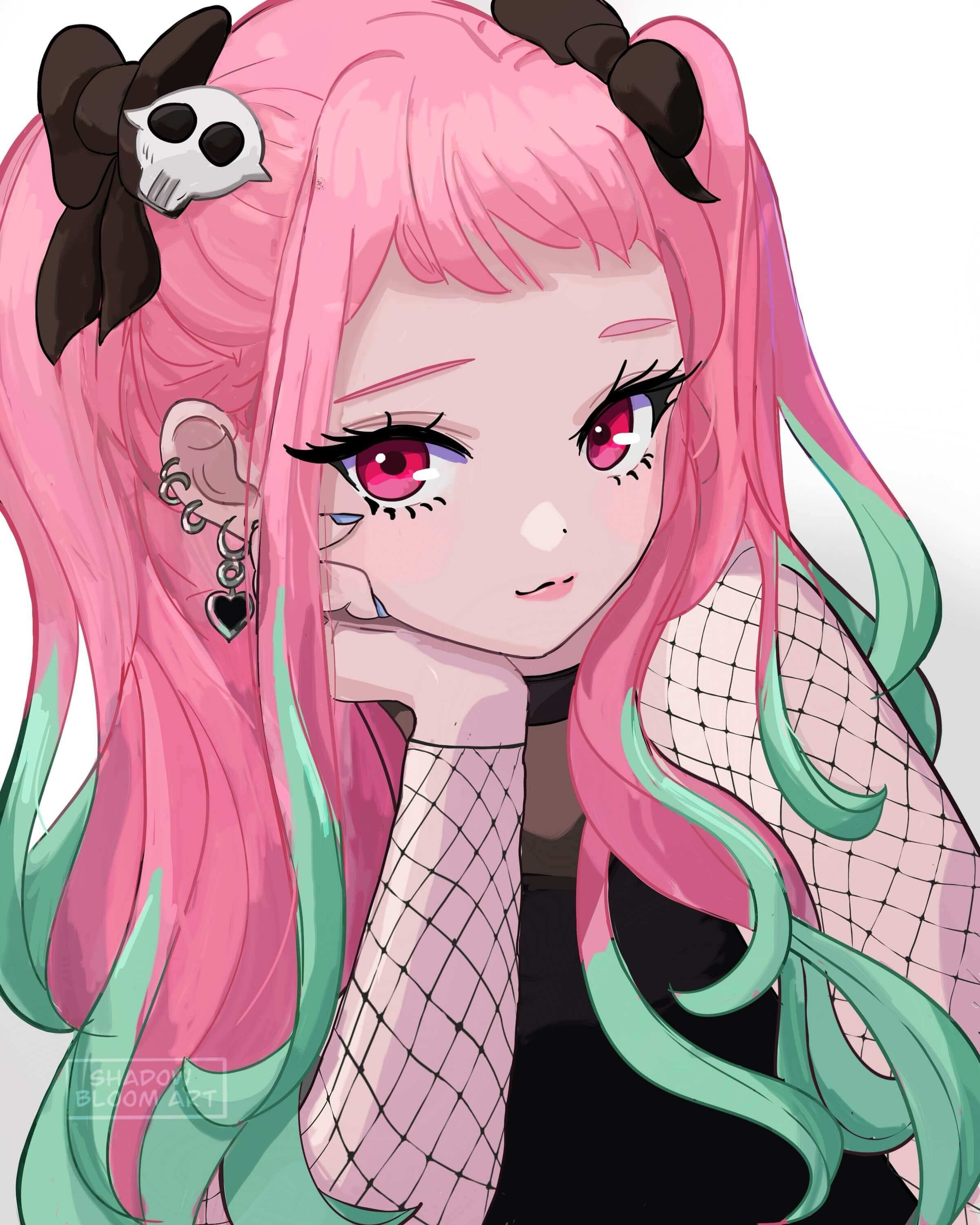 Digital illustration of a girl with pink hair accented with green streaks, styled in long flowing waves, with skull hair accessories, multiple earrings, fishnet sleeves, and pink eyes, resting her chin on her hand and smiling gently.