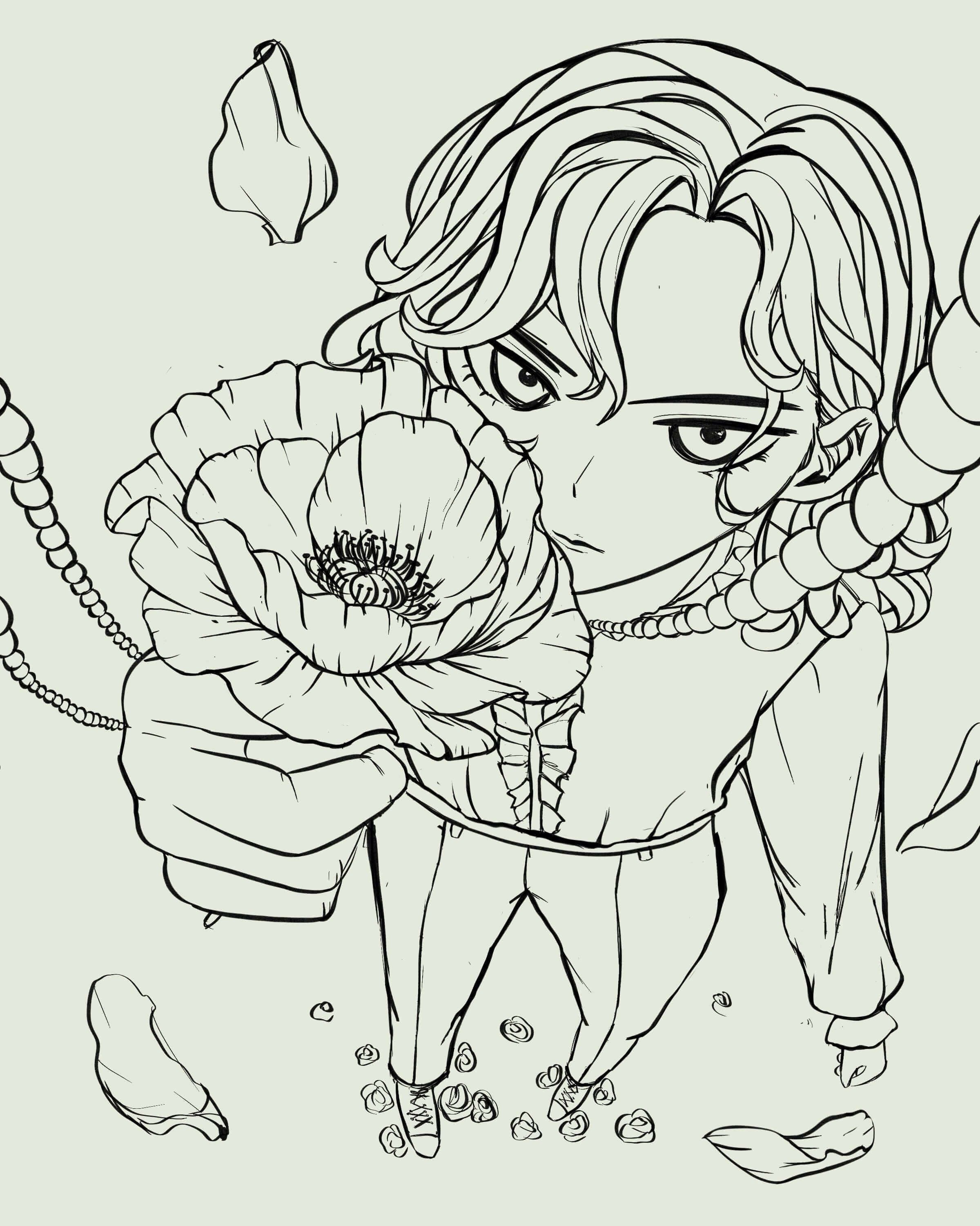 Line drawing of a person with curly hair holding a large flower, surrounded by scattered petals.