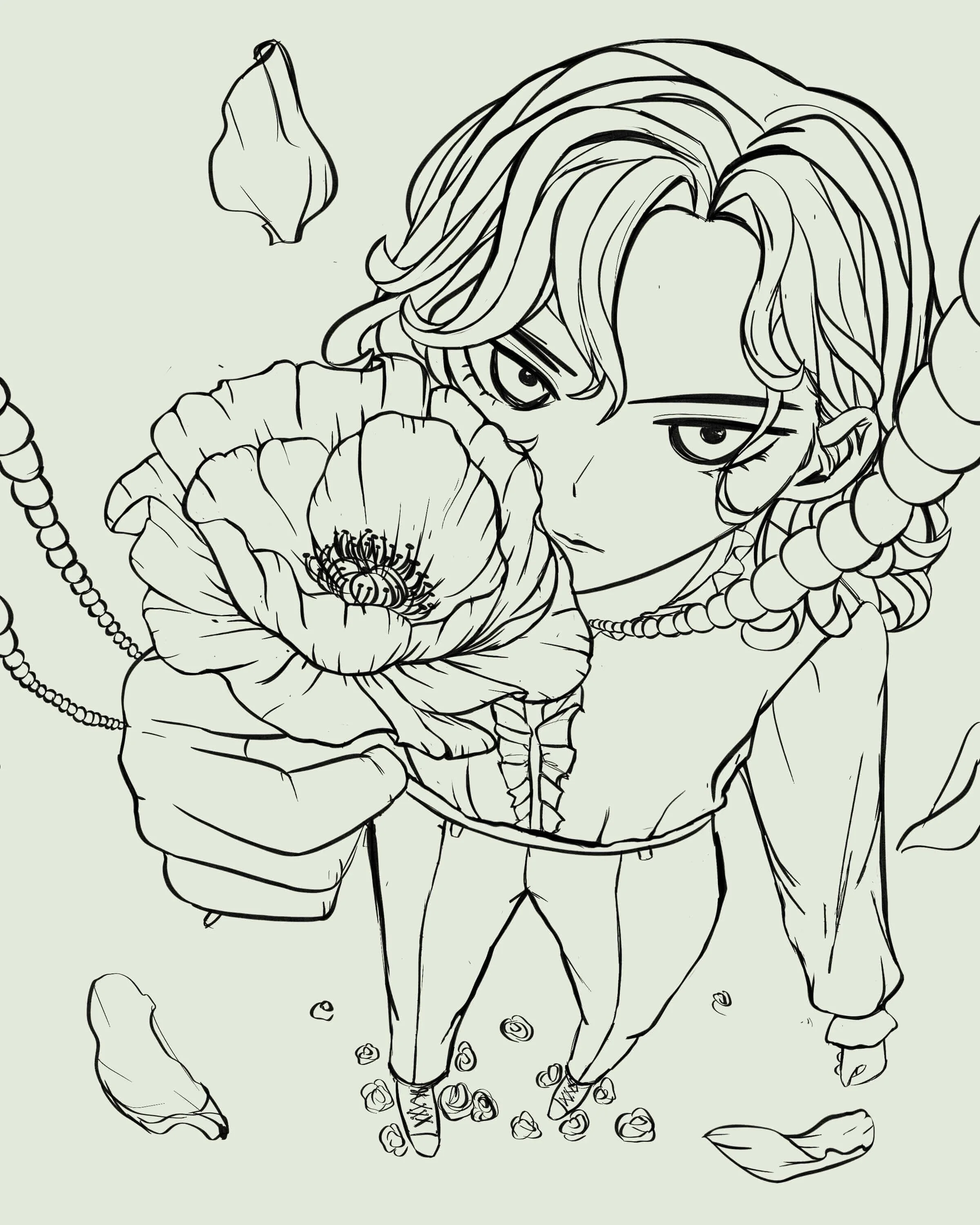 Line drawing of a fanart piece of Paige Mahoney from The Bone Season by Samantha Shannon. She holds a big poppy and is surrounded by petals, her silver chord and golden chord expand from her chest