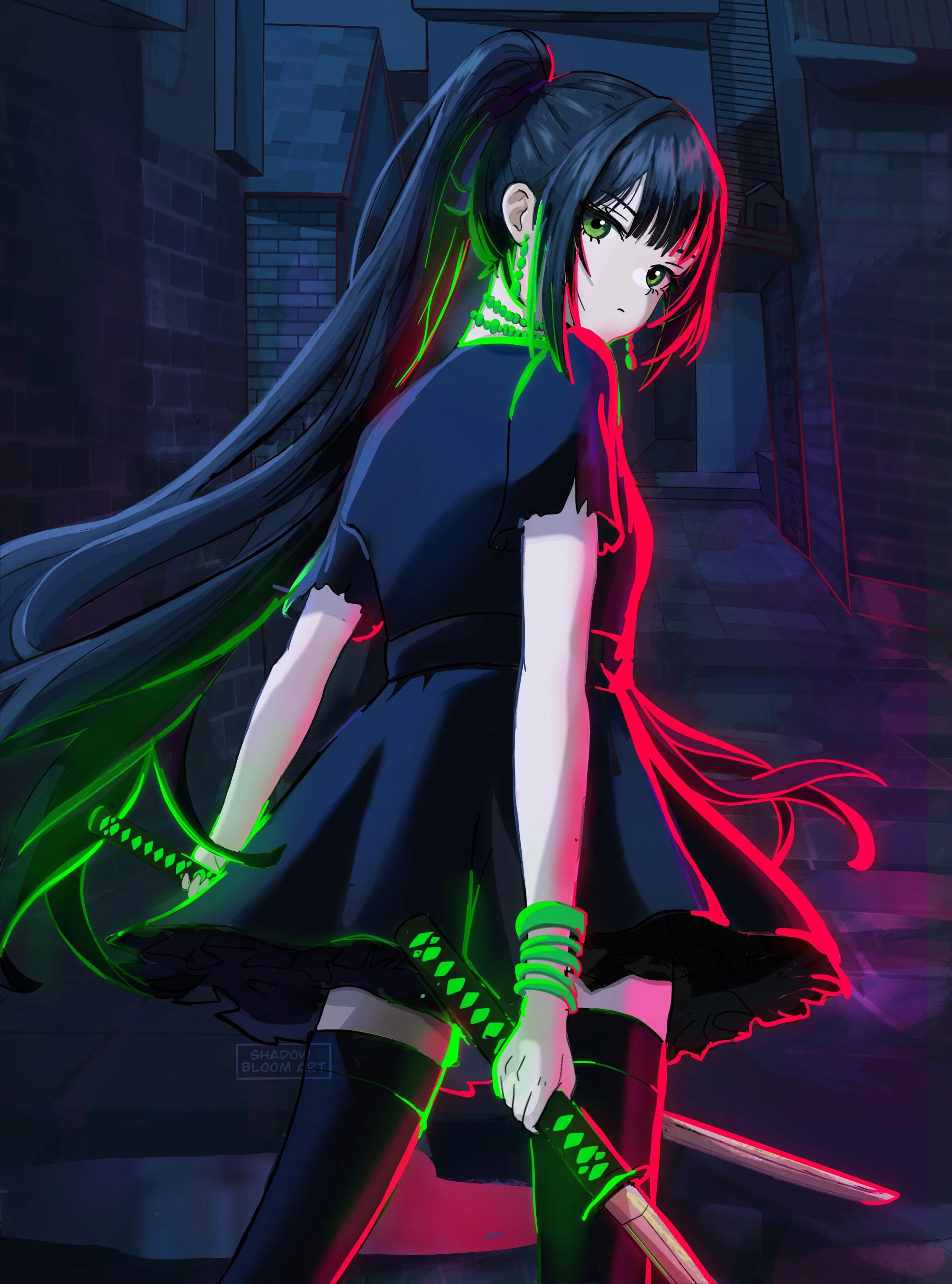 A digital illustration and fanart piece of Kaul Shae from Jade City by Fonda Lee. Shows an anime-style girl with long dark hair holding a katana, standing in an alley at night