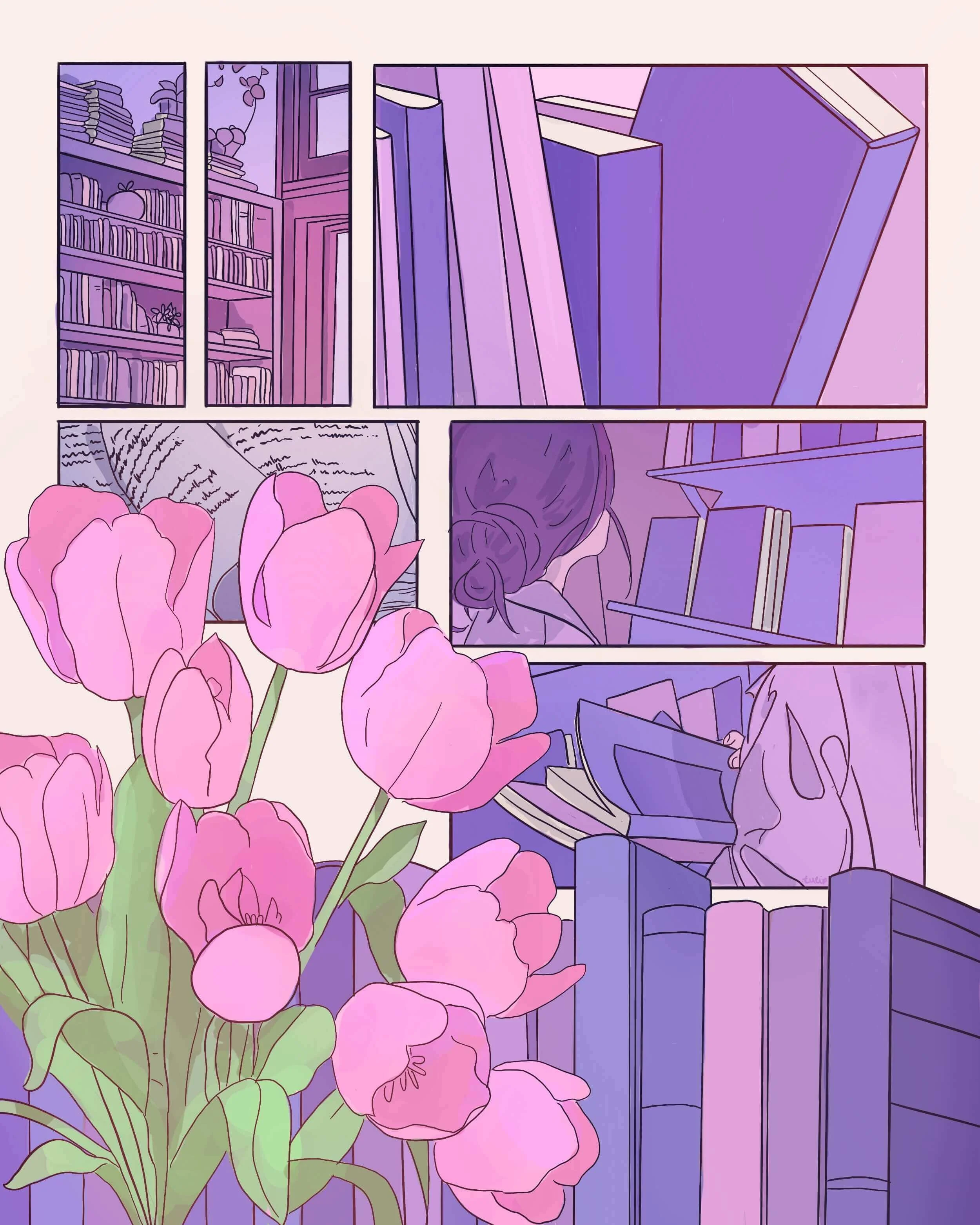 A digital illustration of a cozy library scene with shelves filled with books, a person reading, and pink tulips in the foreground.