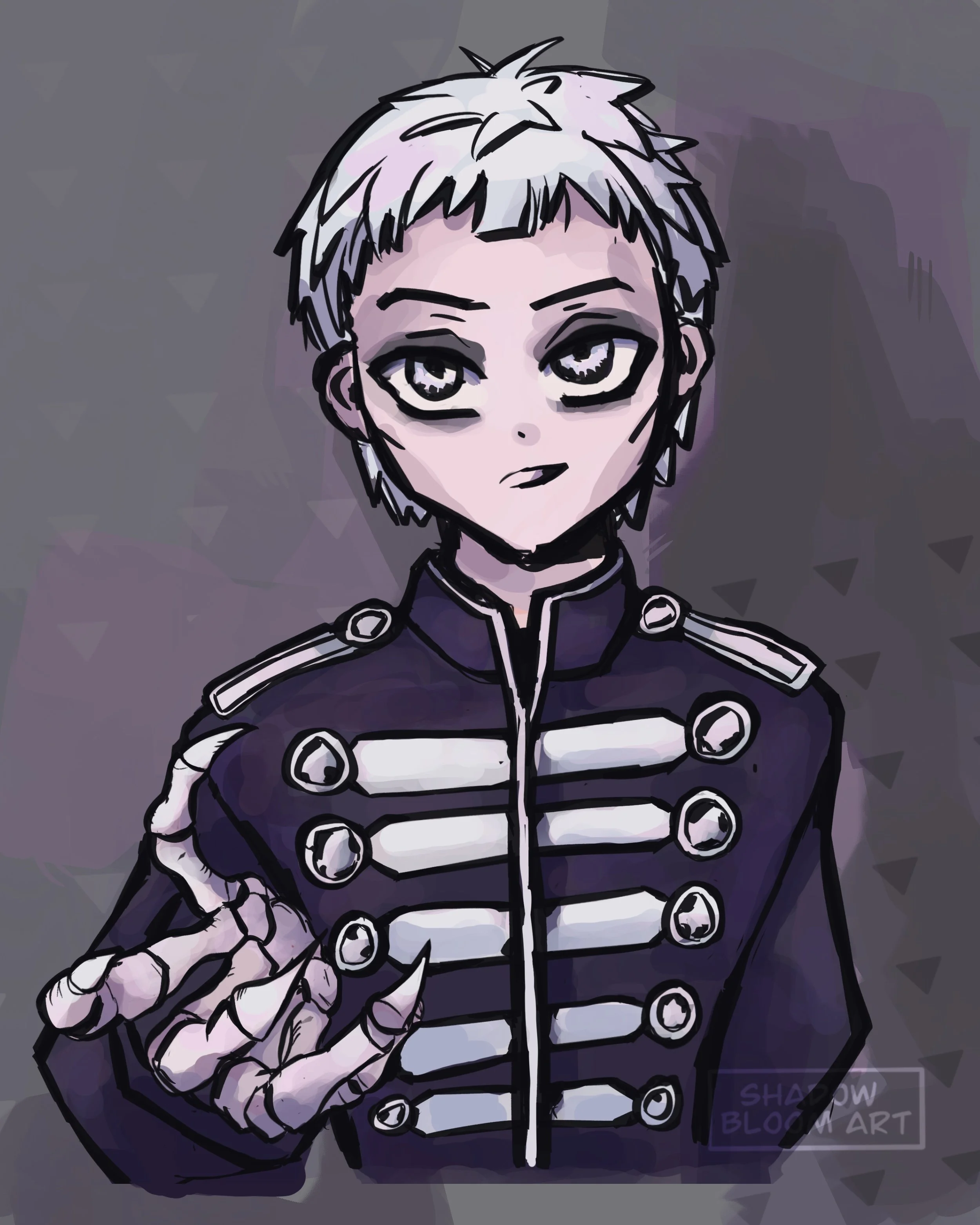 A digital drawing of Gerard Way from My Chemical Romance where he sits on a big chair in front of a church window. The style is very gothic, the palette defined by black and red.