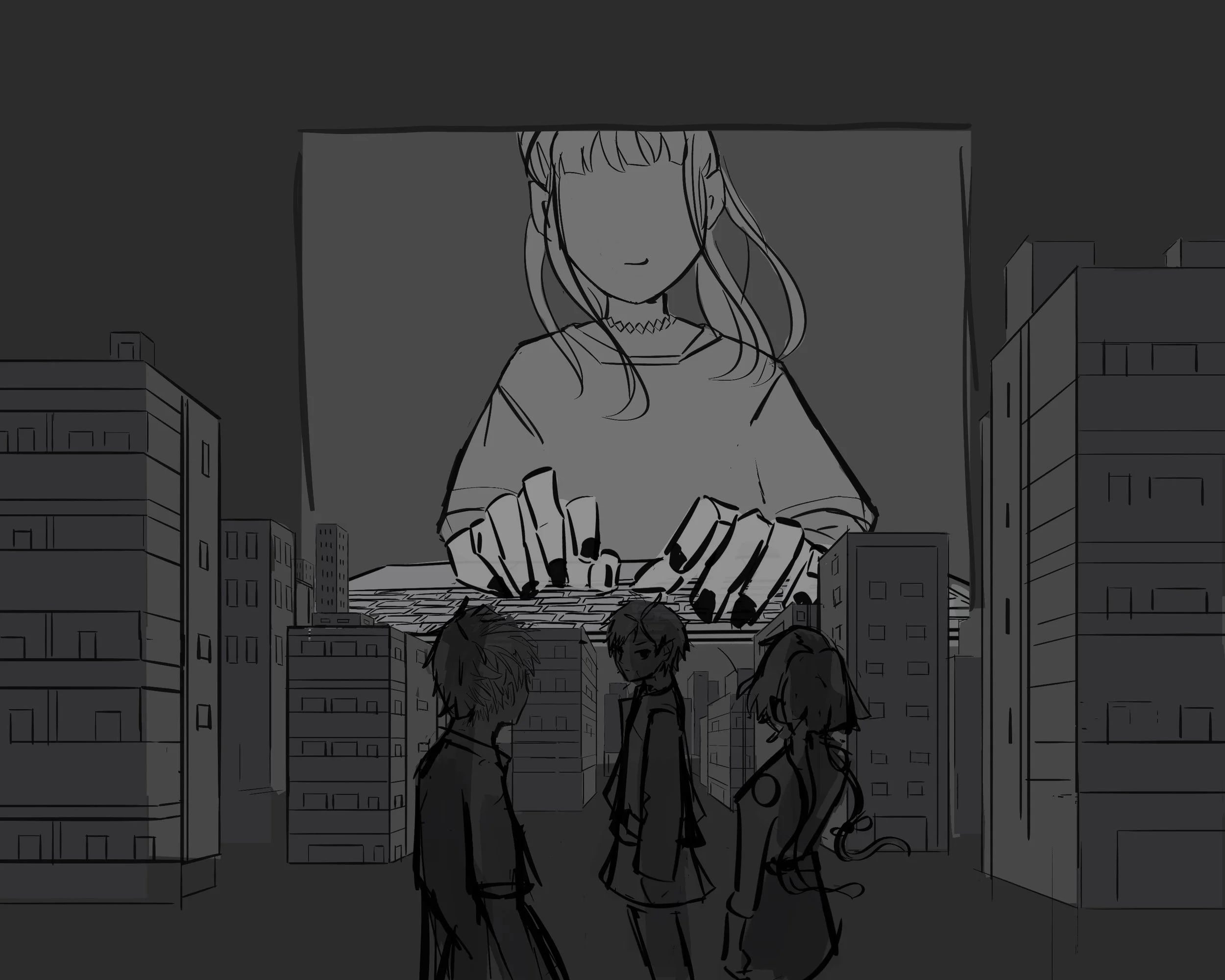greyscale wip of the artwork. Three characters stand on a city street, with a portal in the sky that shows a person writing on their laptop.