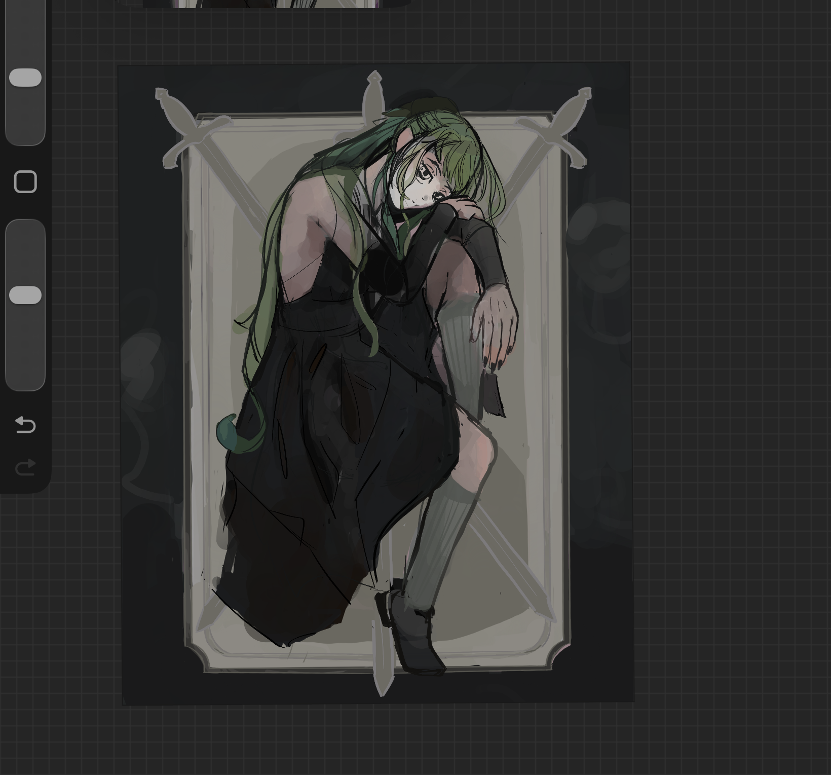 WIP of an illustration of a woman with green hair and a magenta dress lealing her head on her knee, in front of a three of swords tarot card.