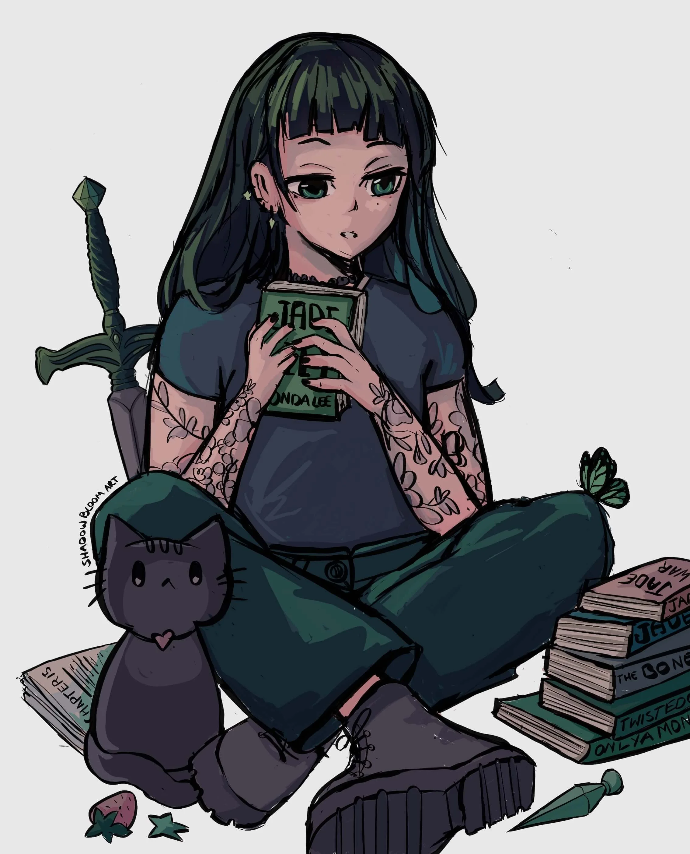 An anime-style illustration of a girl sitting cross-legged, holding a book, with a black cat, a sword, and stacks of books around her.
