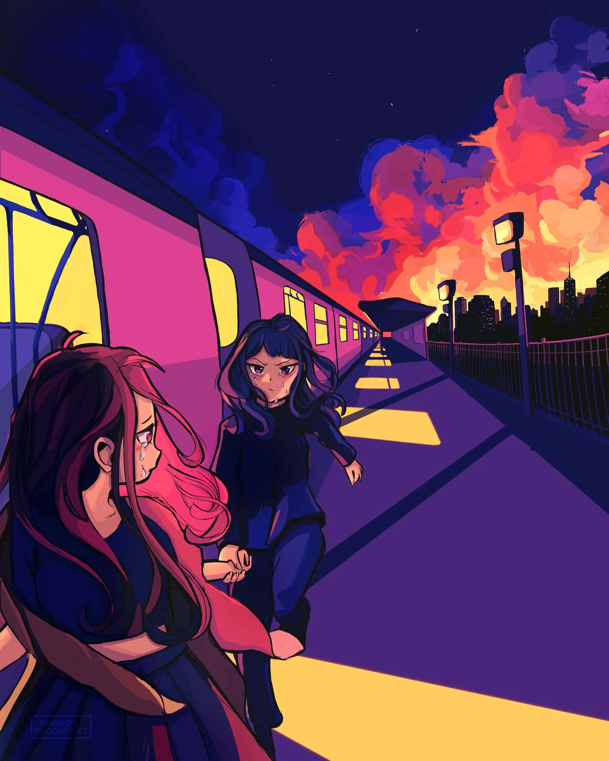 A manga style digital illustration of two young women, one with pink hair and tears, the other with dark blue hair, run along a city train platform at sunset, with dramatic colorful clouds in the sky.