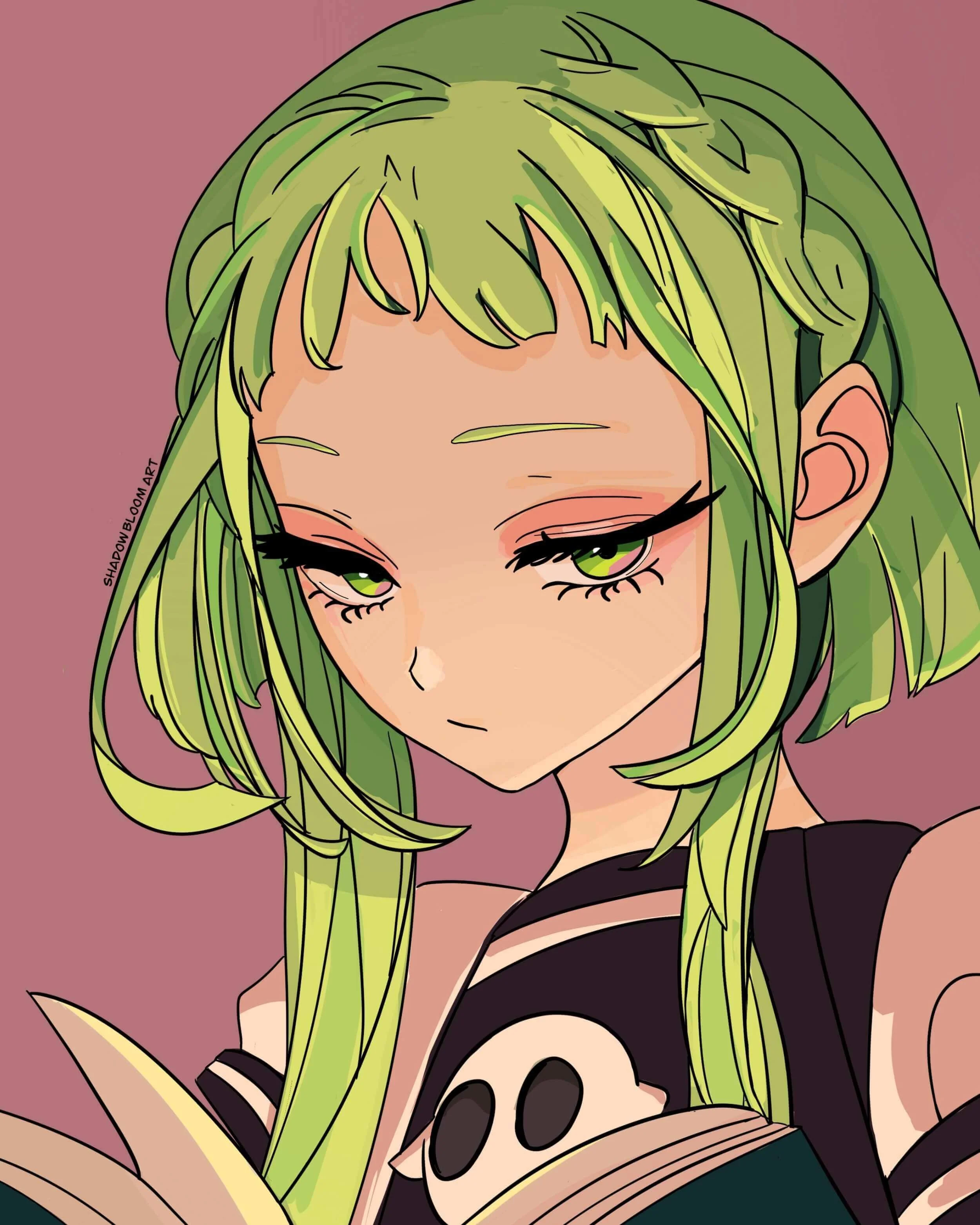 fanart piece of Sakura Nanamine from Toilet-bound hanako-kun. she has vivid green hair and green eyes, wearing a black top with a skull design, against a muted pink background.