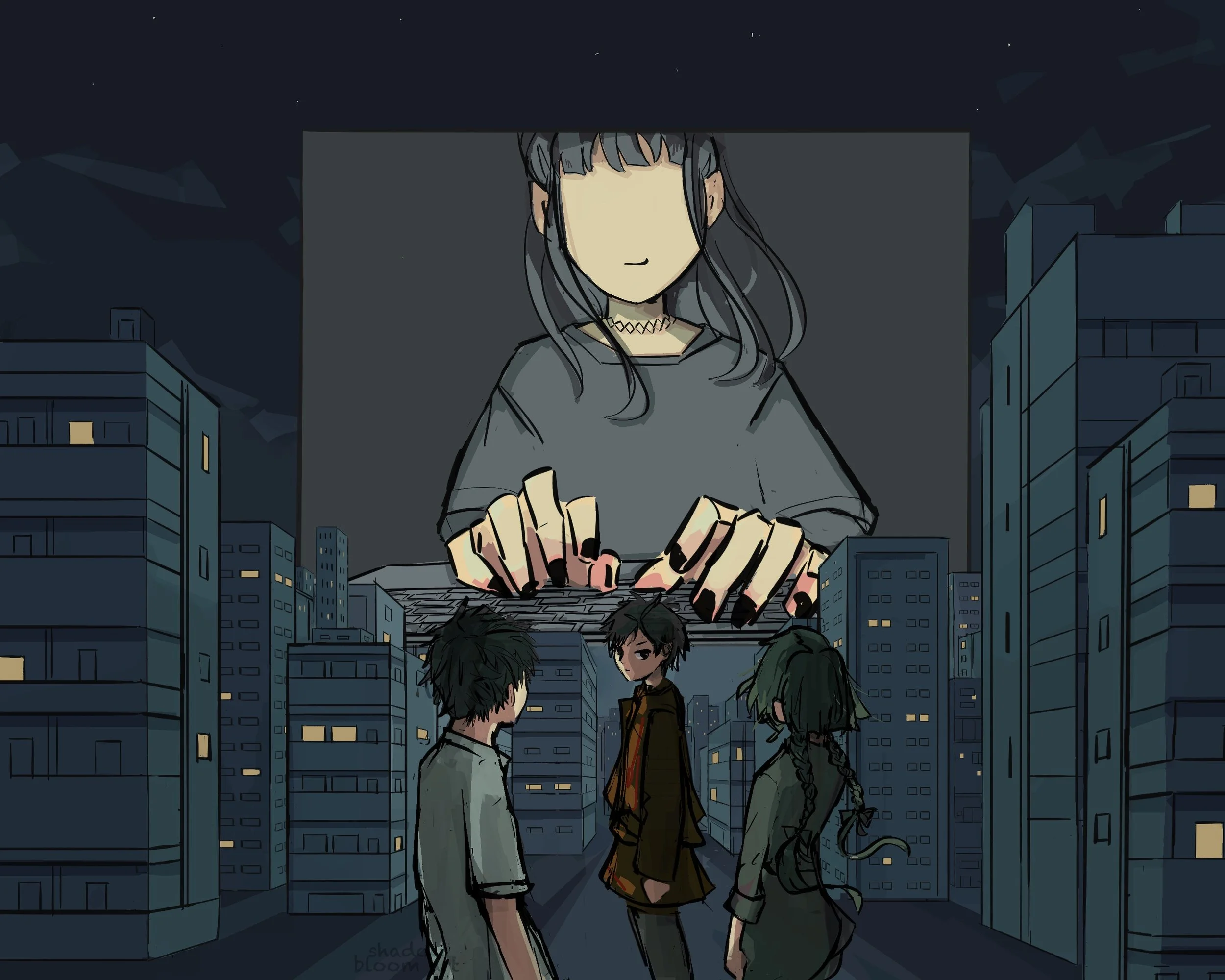 Two girls with tears on their faces walking along a train station platform during a colorful sunset. The sky is filled with dark blue and pink clouds, and the city skyline is visible in the background.