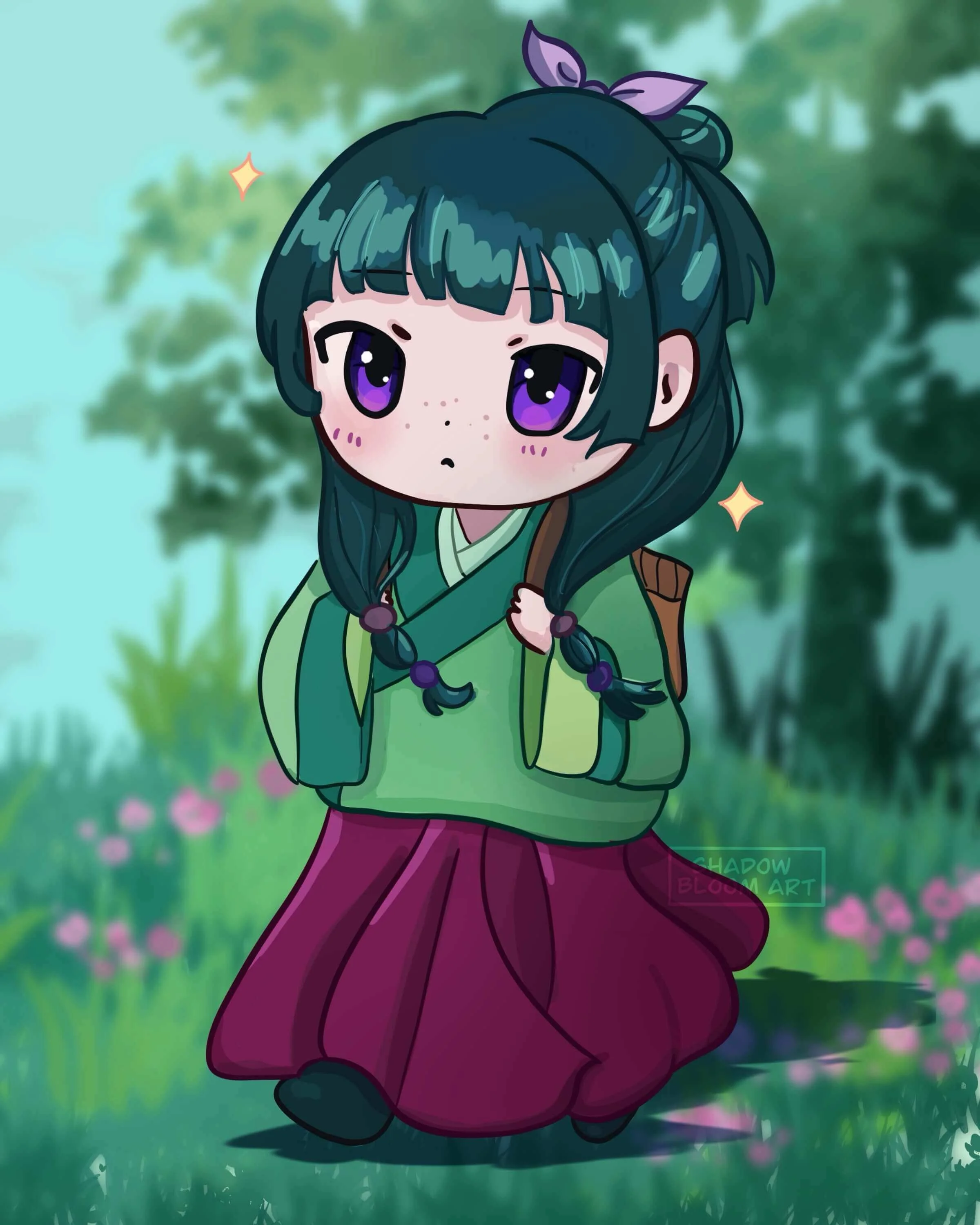 A cute, chibi-style girl with purple eyes and dark green hair, wearing a green jacket, maroon skirt, and a purple bow in her hair, standing in a grassy, flowered field with trees in the background.