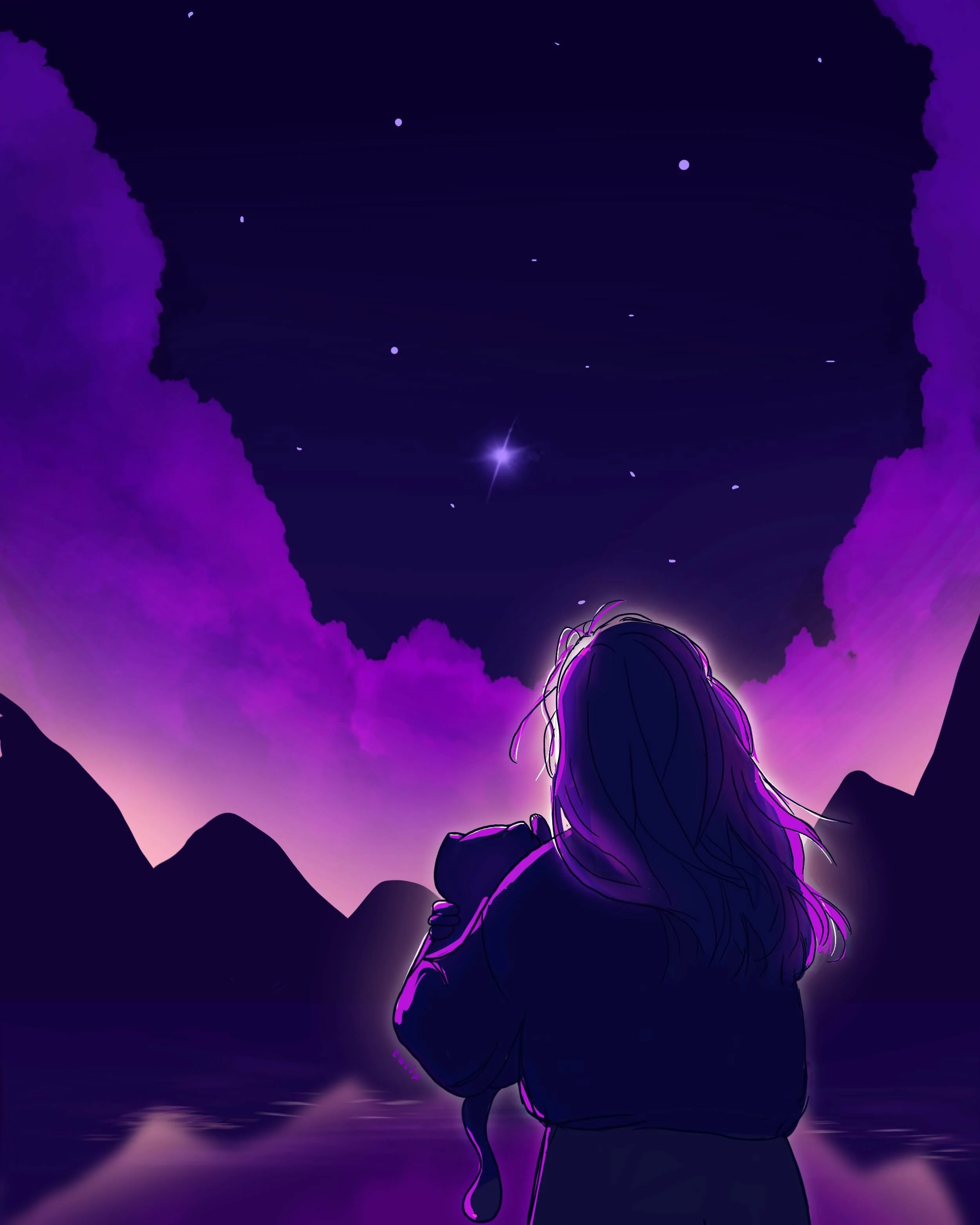 A digital illustration of a girl with long hair holding a black cat, stares up at a starry night sky with purple and pink clouds over mountains and a calm lake.