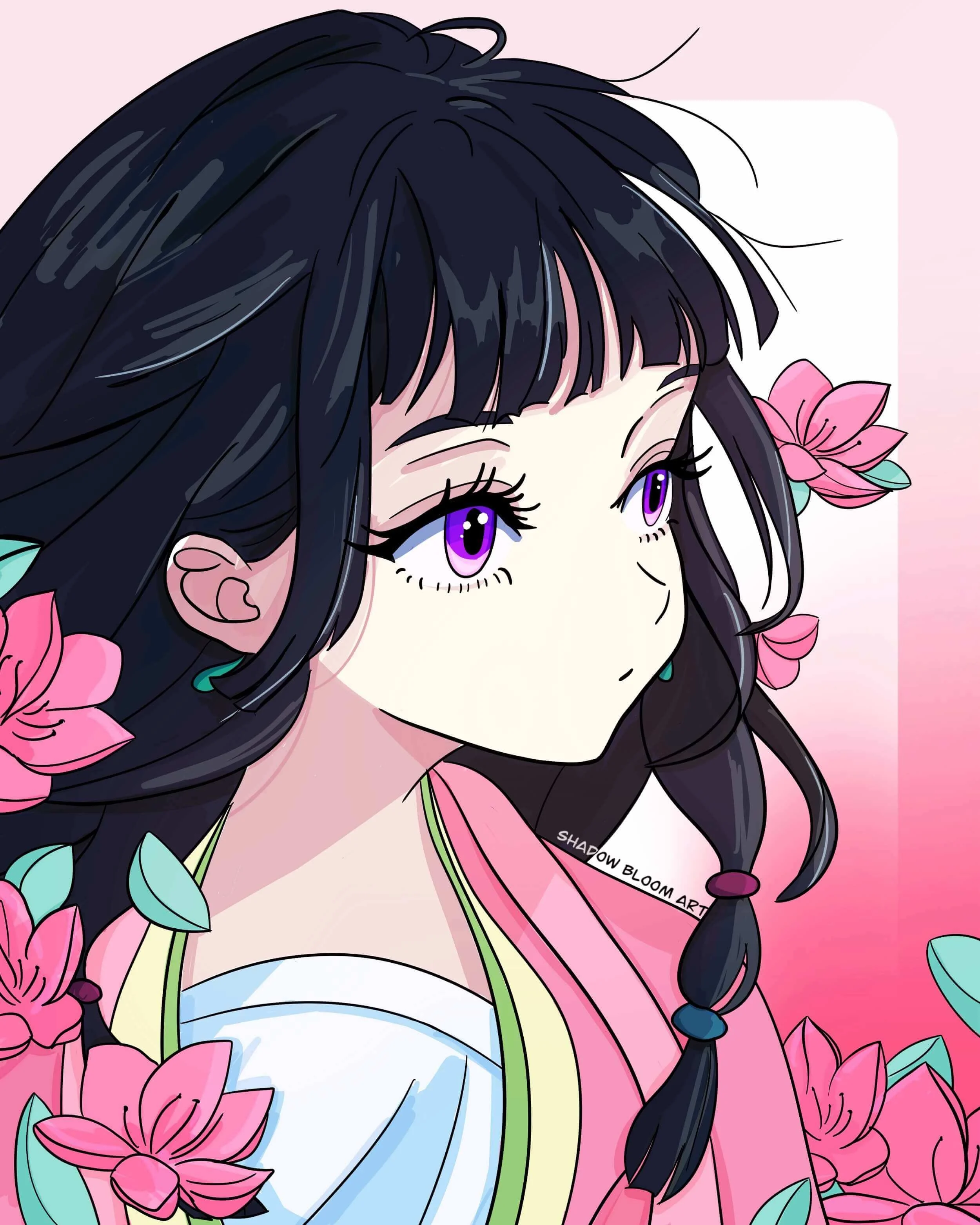 A digital illustration and fanart piece of Maomao from The Apothecary Diaries.  AIt shows Maomao in her pink court outfit, she has purple eyes, wearing a pink and white costume, surrounded by pink flowers and green leaves.