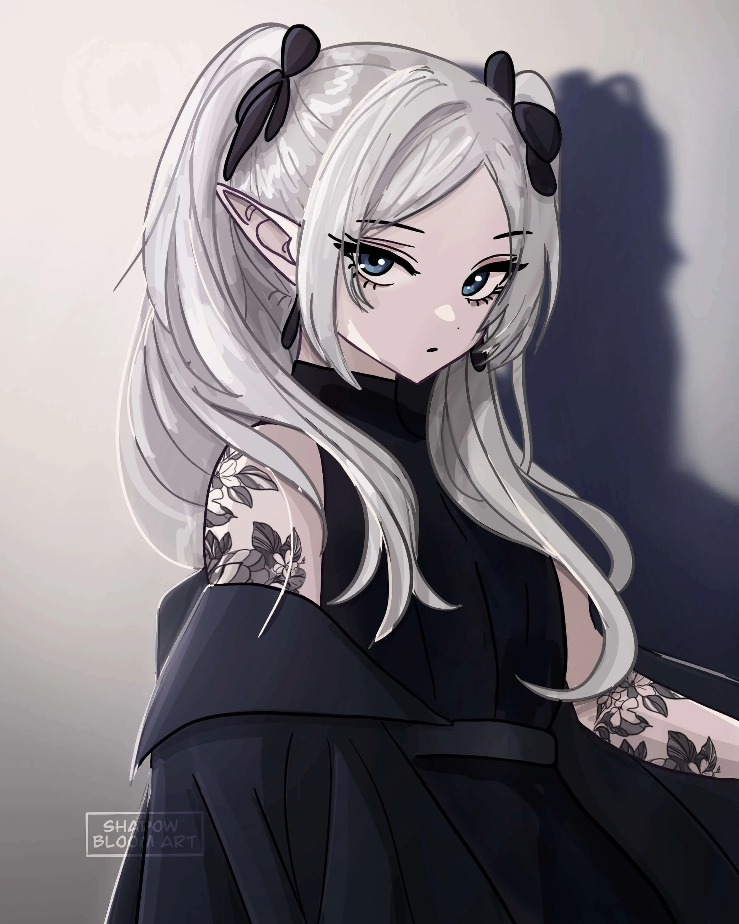 Fanart of Frieren from Frieren Beyond Journey's end, in a gothic reimagining. Shows Frieren with long, flowing platinum hair, pointed ears, and tattoos on her arms, wearing a black dress and accessories with black bows, against a gray background with