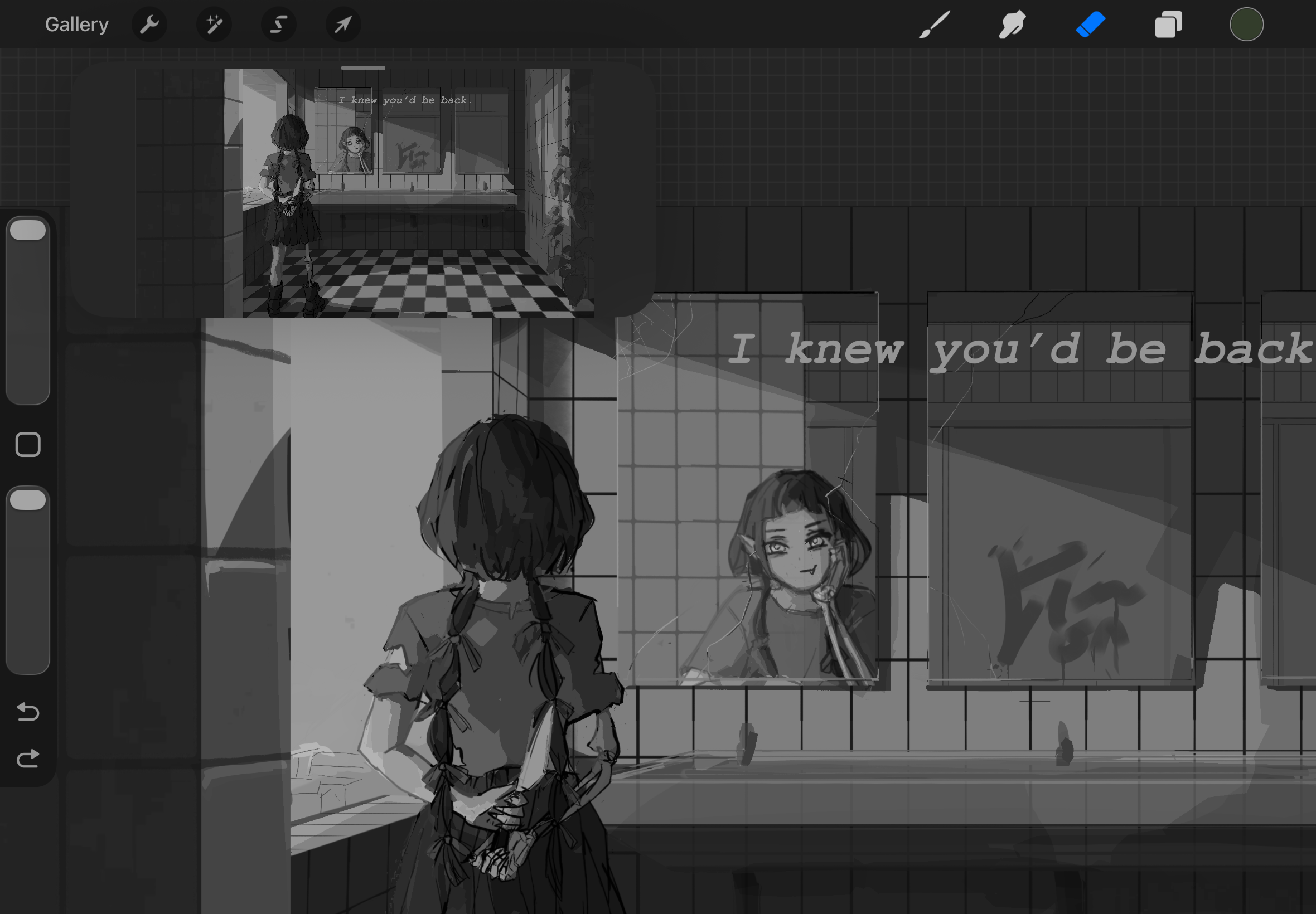 close-up of the digital illustration and the mirror image that is different from reality