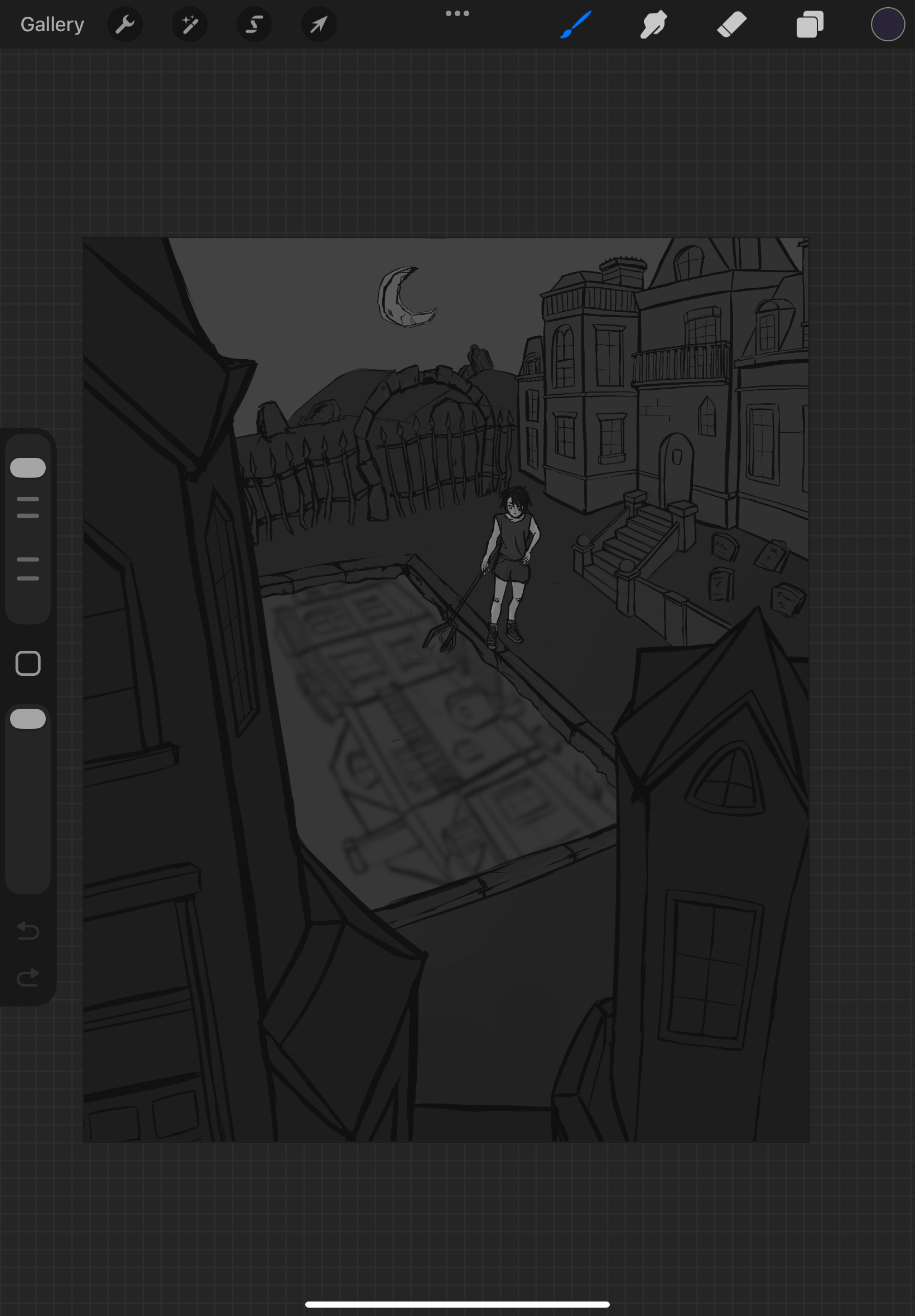 The value sketch of a digital illsutration of a pool boy at a vampire mansion.