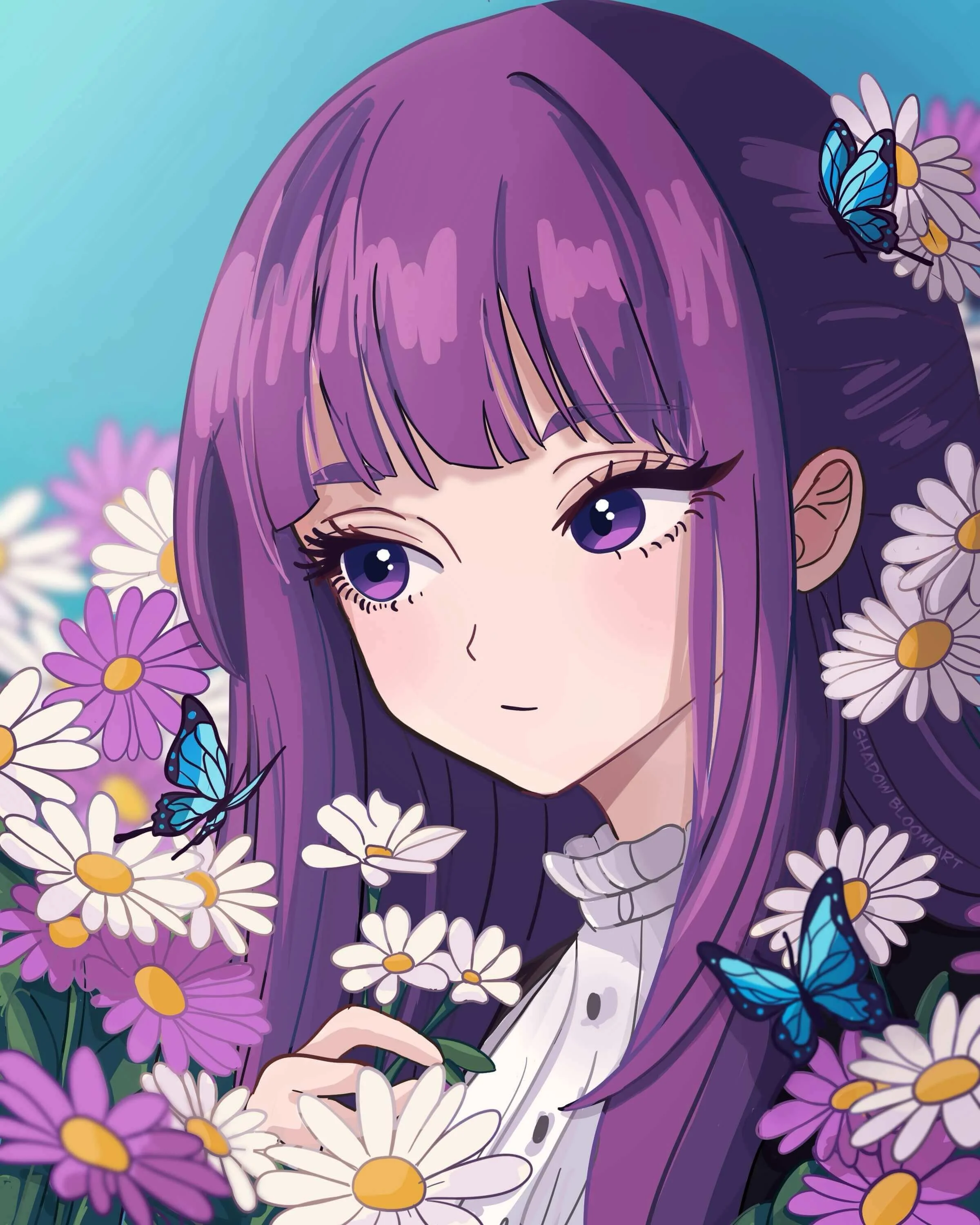 Digital Illustration of Fern from Frieren Beyond Journey's end. She has long purple hair, surrounded by daisies and blue butterflies, holding a daisy flower. She has large purple eyes and a thoughtful expression.