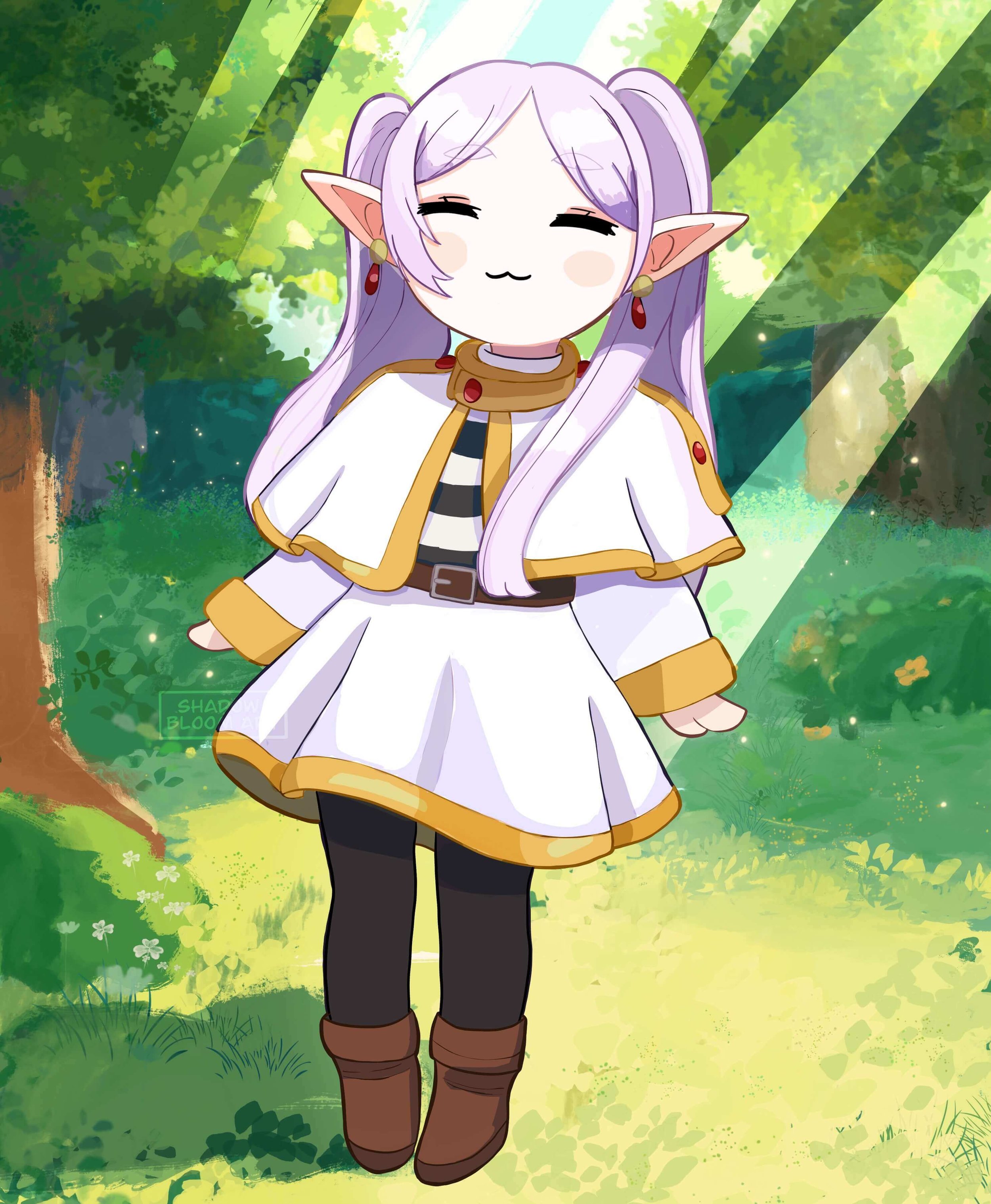 Chibi illustration of Frieren from Frieren Beyond Journey's end. She has pointed ears, wearing a white and gold-trimmed cloak, black tights, and brown boots, standing in a lush green forest with sunlight filtering through the trees.
