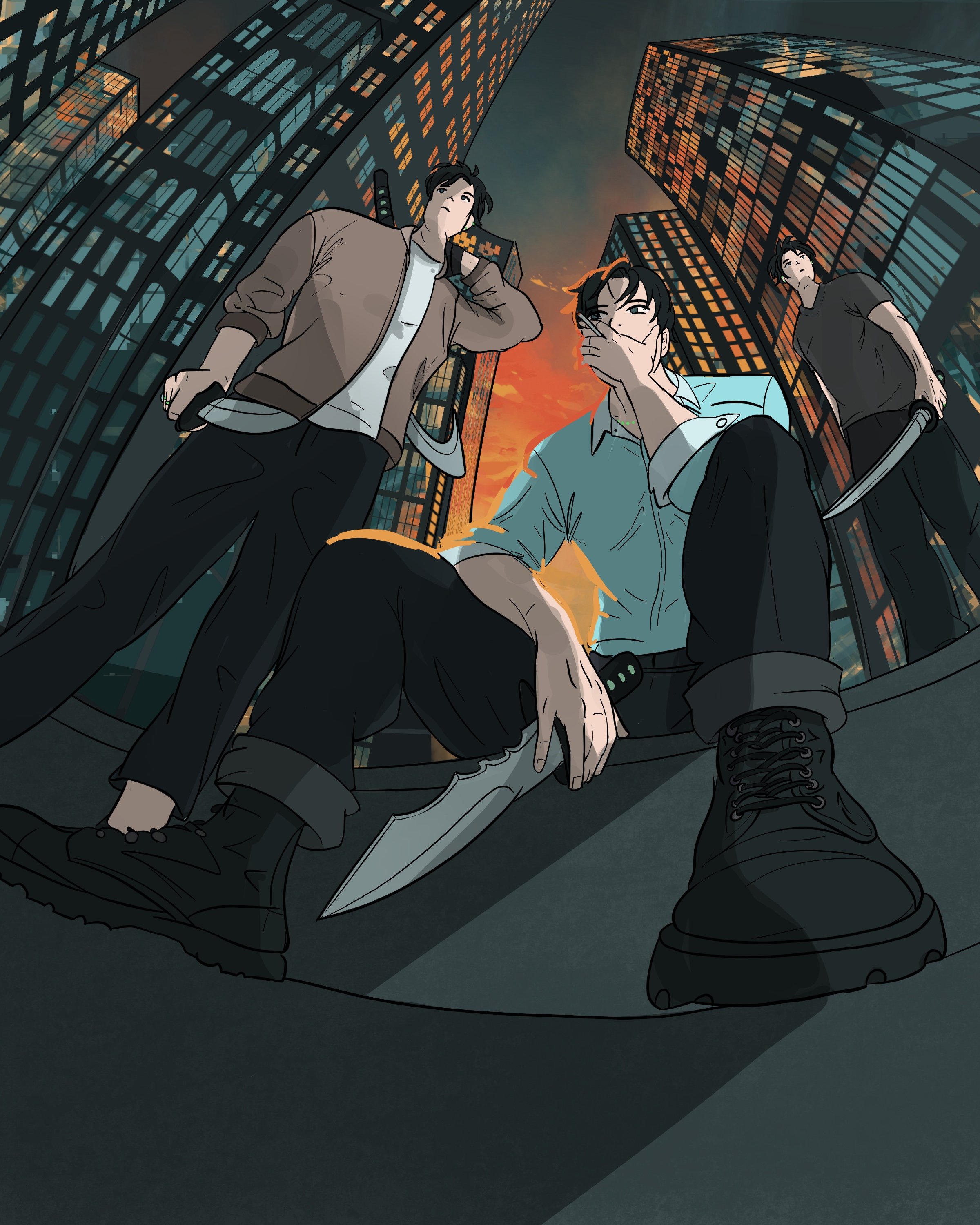 A digital illlustration of Kaul Hilo, Maik Tar and Maik Kehn from Jade City by Fonda Lee. Hilo sits on a step on the city street in Janloon and smokes while his Fists keep watch.